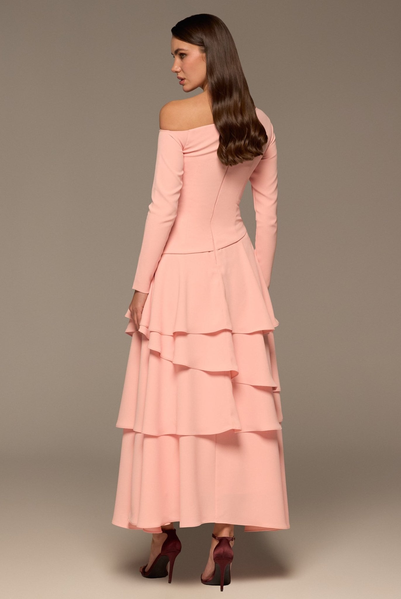 Pink Ruched Long Sleeve Jersey Maxi Dress - shopaleena
