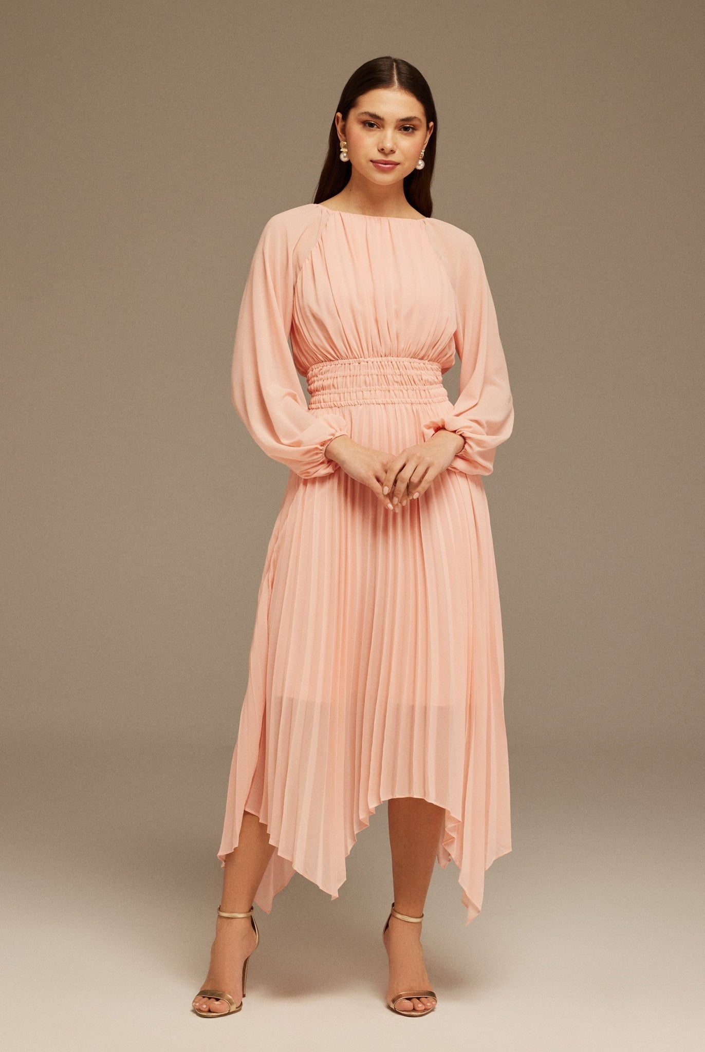 Pink Ruched top long sleeve Chiffon Midi Dress - shopaleena