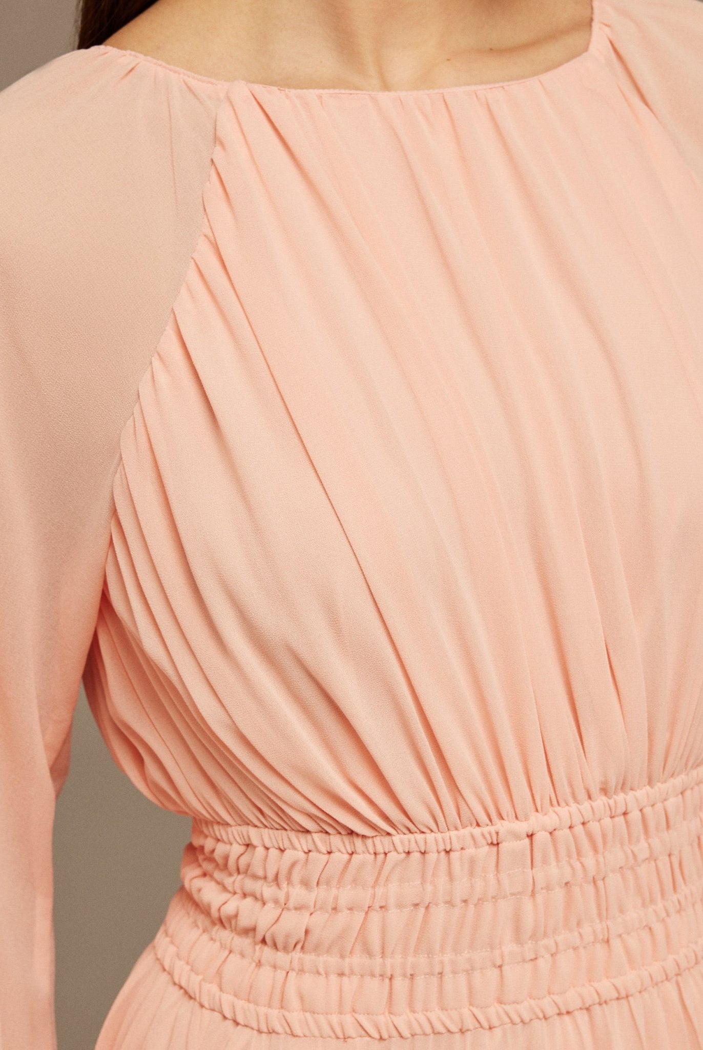 Pink Ruched top long sleeve Chiffon Midi Dress - shopaleena