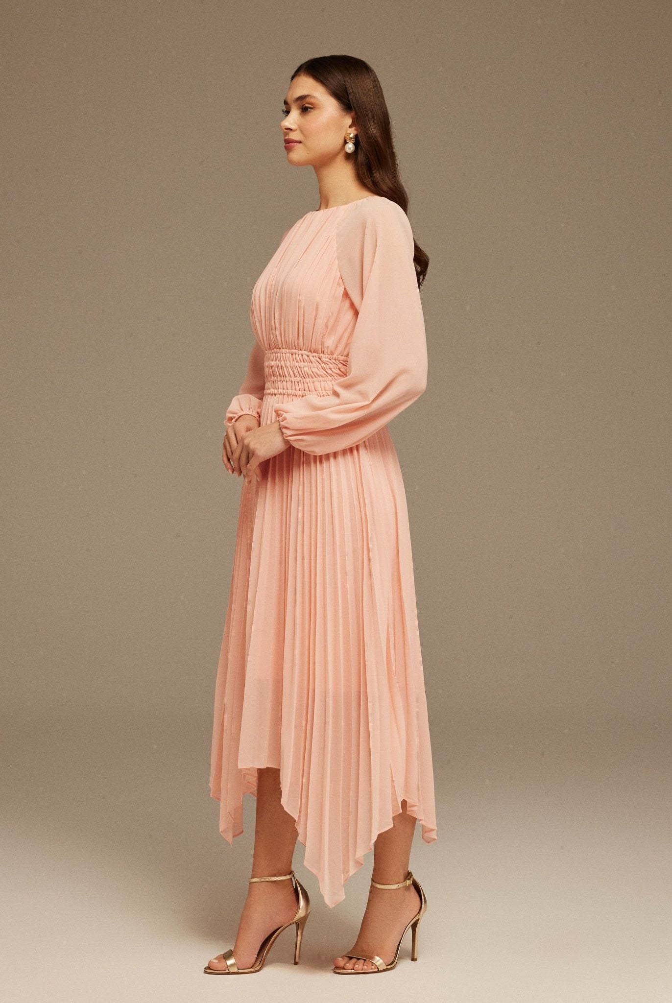Pink Ruched top long sleeve Chiffon Midi Dress - shopaleena