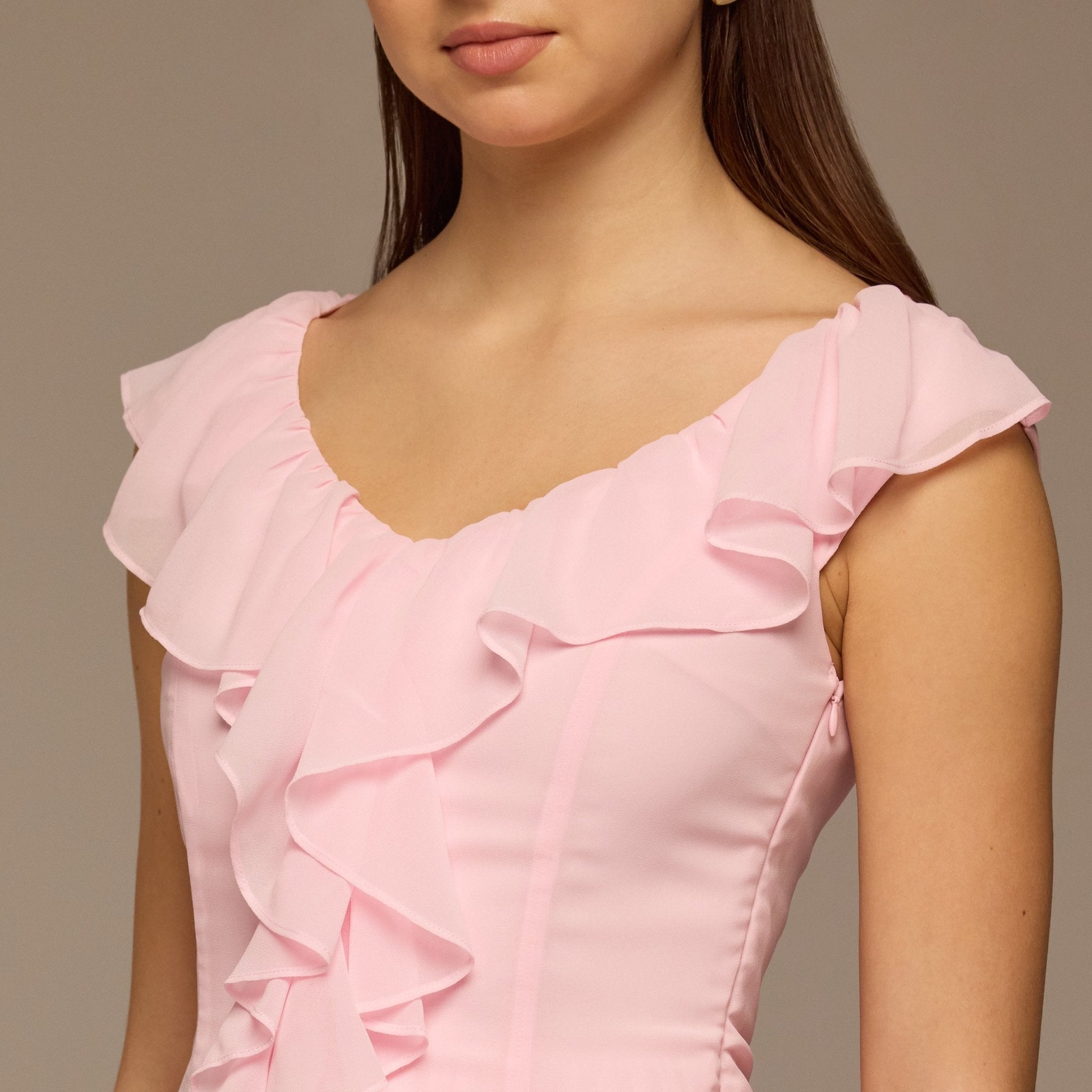 Pink Ruffle Neck Pleated Chiffon Dress - shopaleena