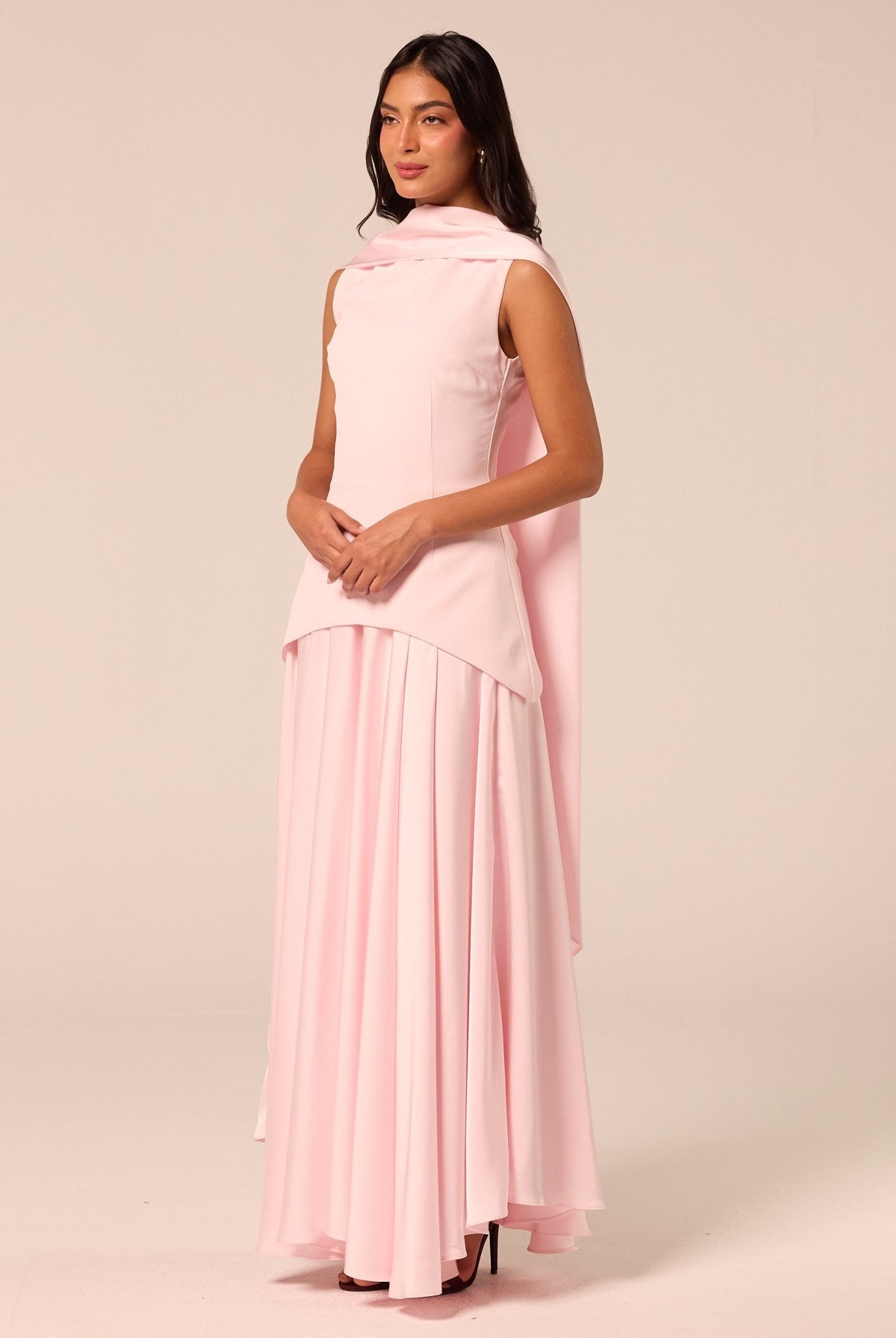 Pink Satin & Crepe Maxi Dress with Back Scarf - shopaleena