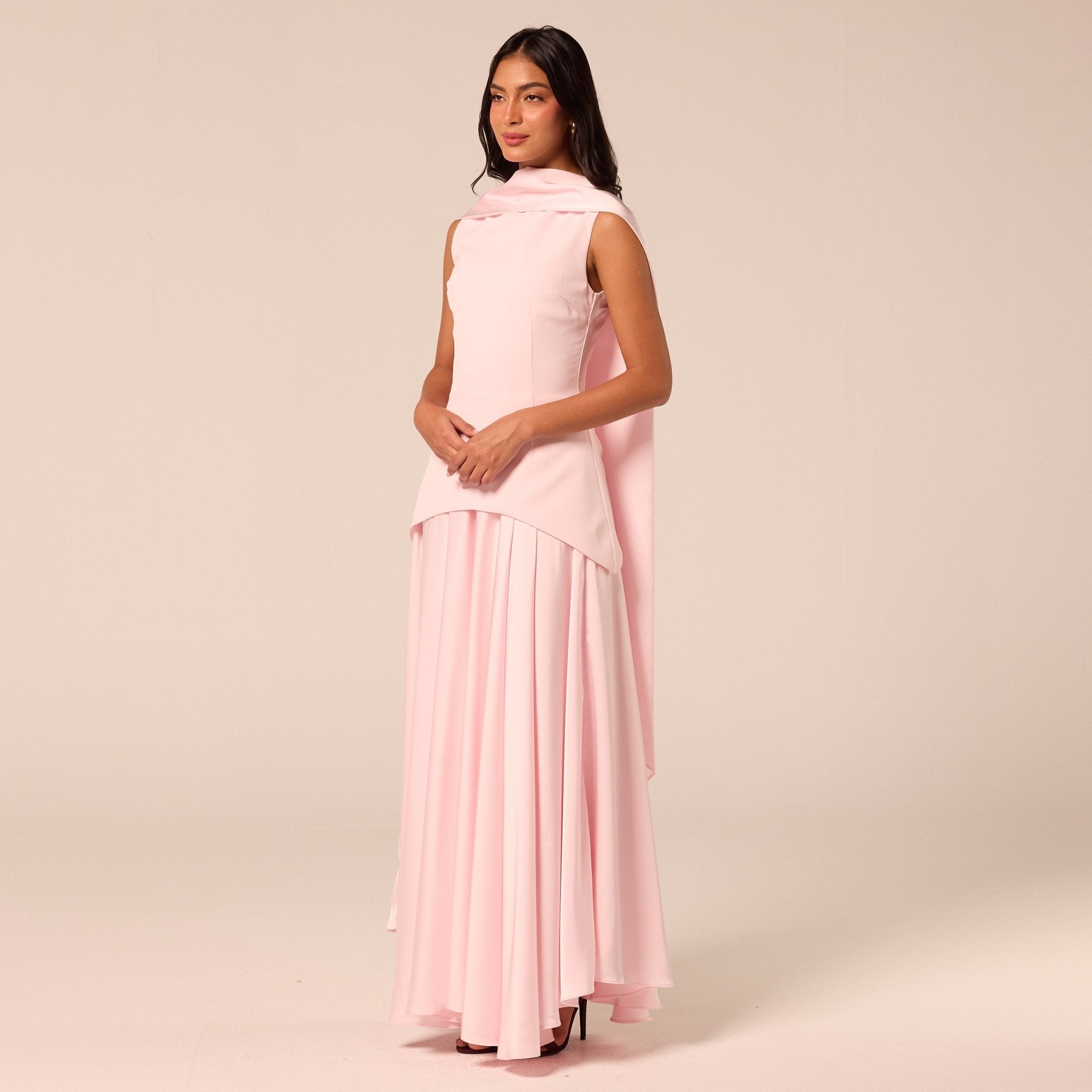 Pink Satin & Crepe Maxi Dress with Back Scarf - shopaleena