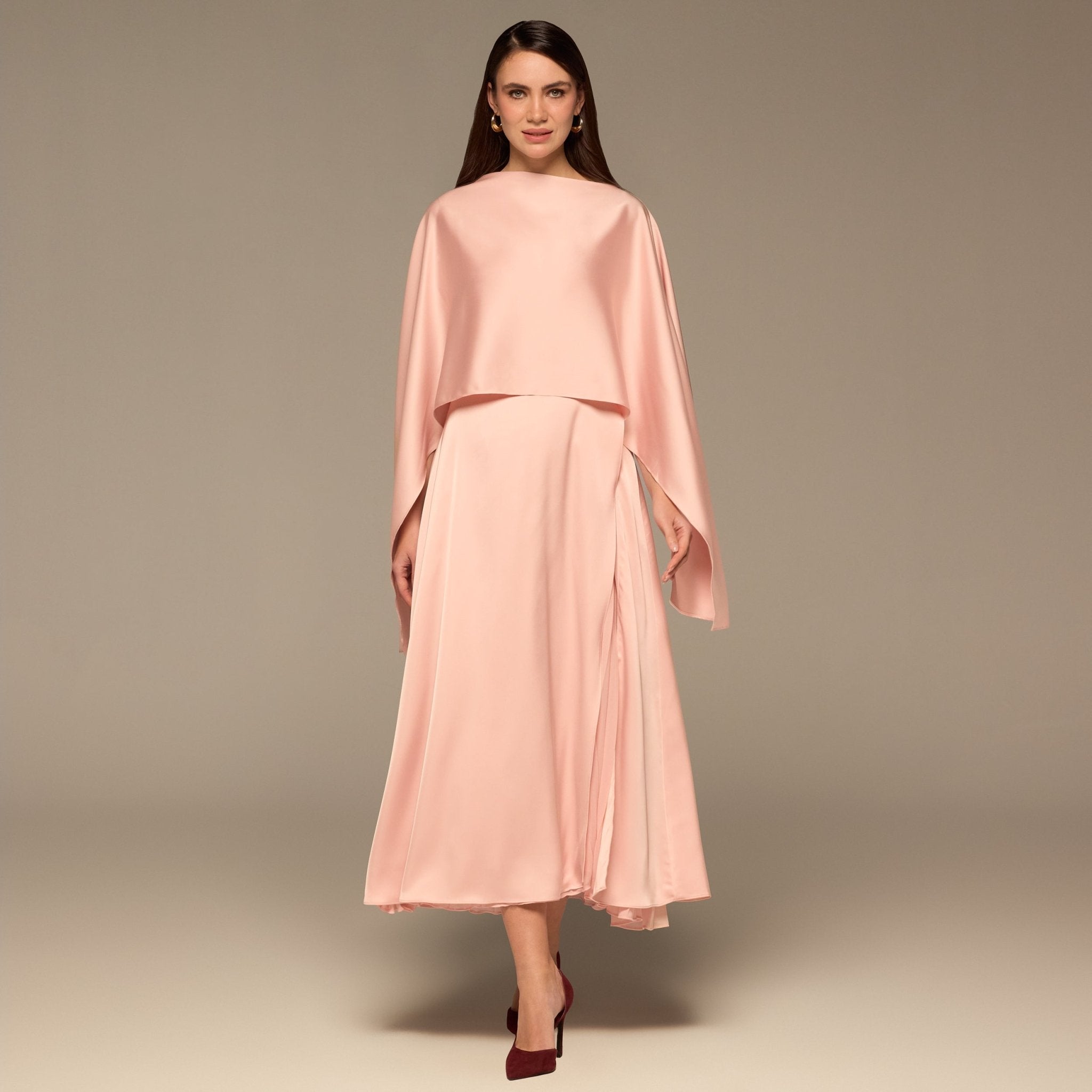 Pink Satin Dress with Cape Sleeves - shopaleena