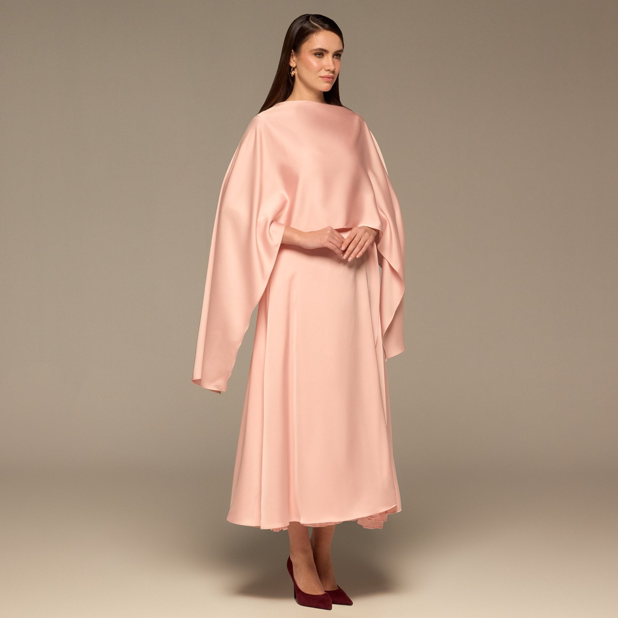 Pink Satin Dress with Cape Sleeves - shopaleena