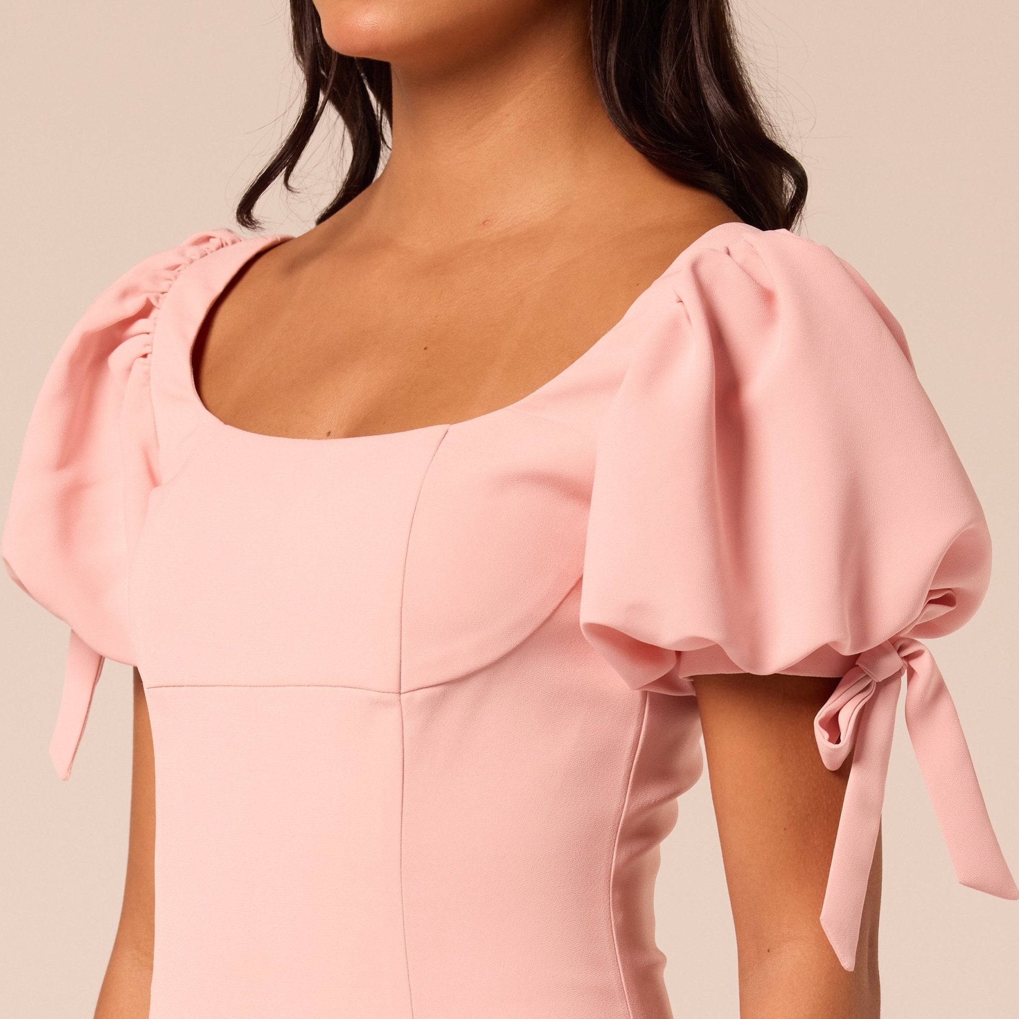 Pink Short Puff Sleeve Crepe Dress - shopaleena