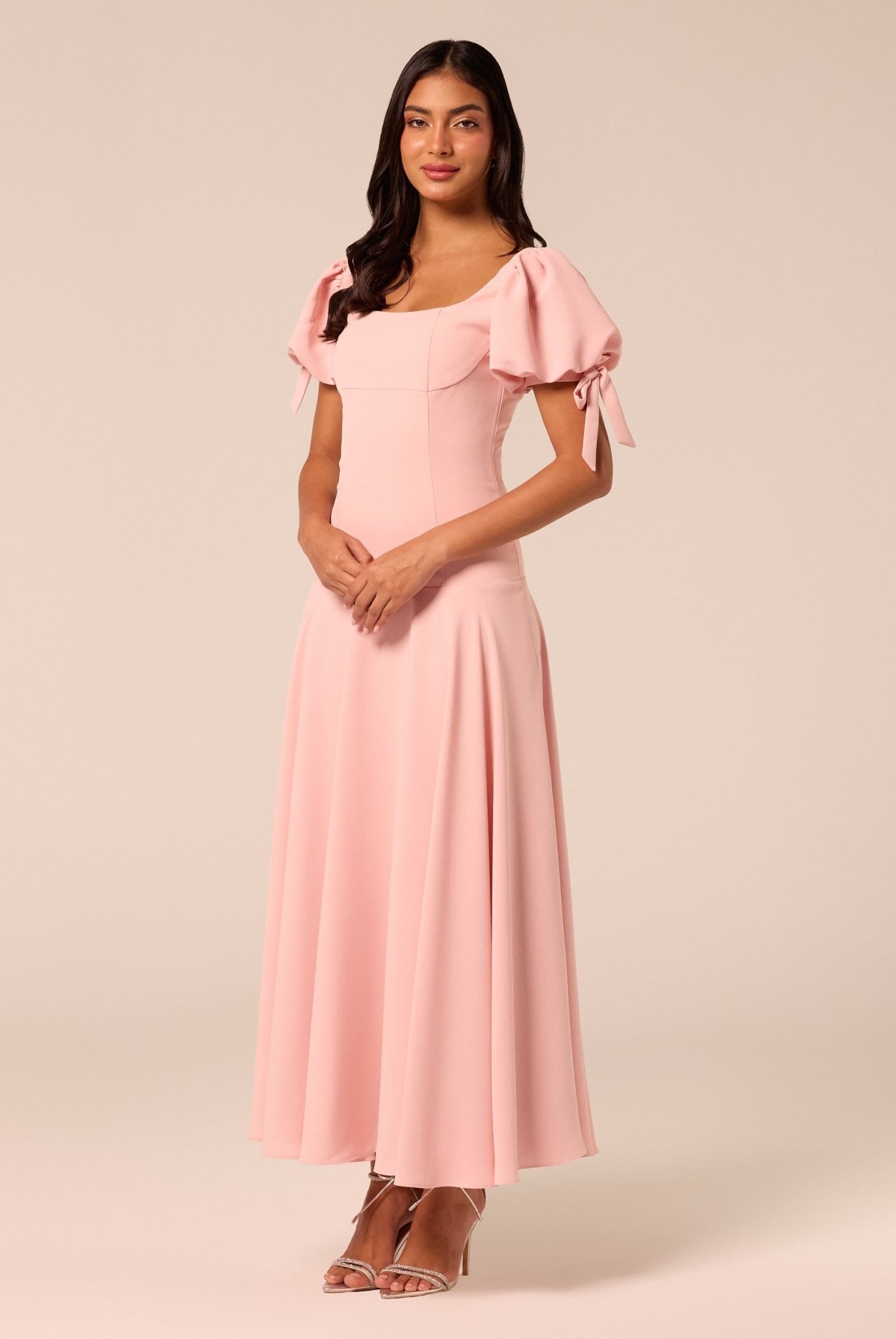 Pink Short Puff Sleeve Crepe Dress - shopaleena