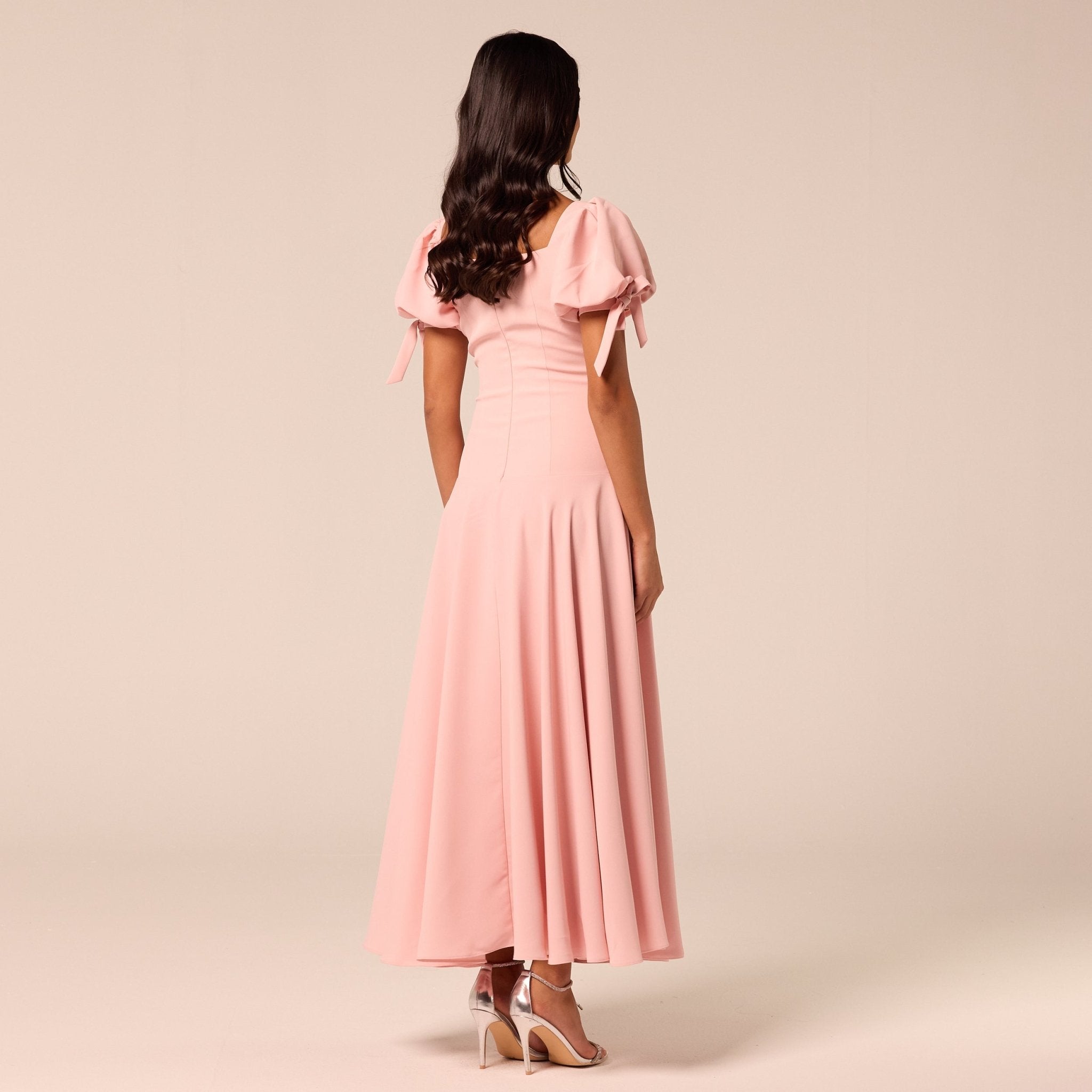Pink Short Puff Sleeve Crepe Dress - shopaleena