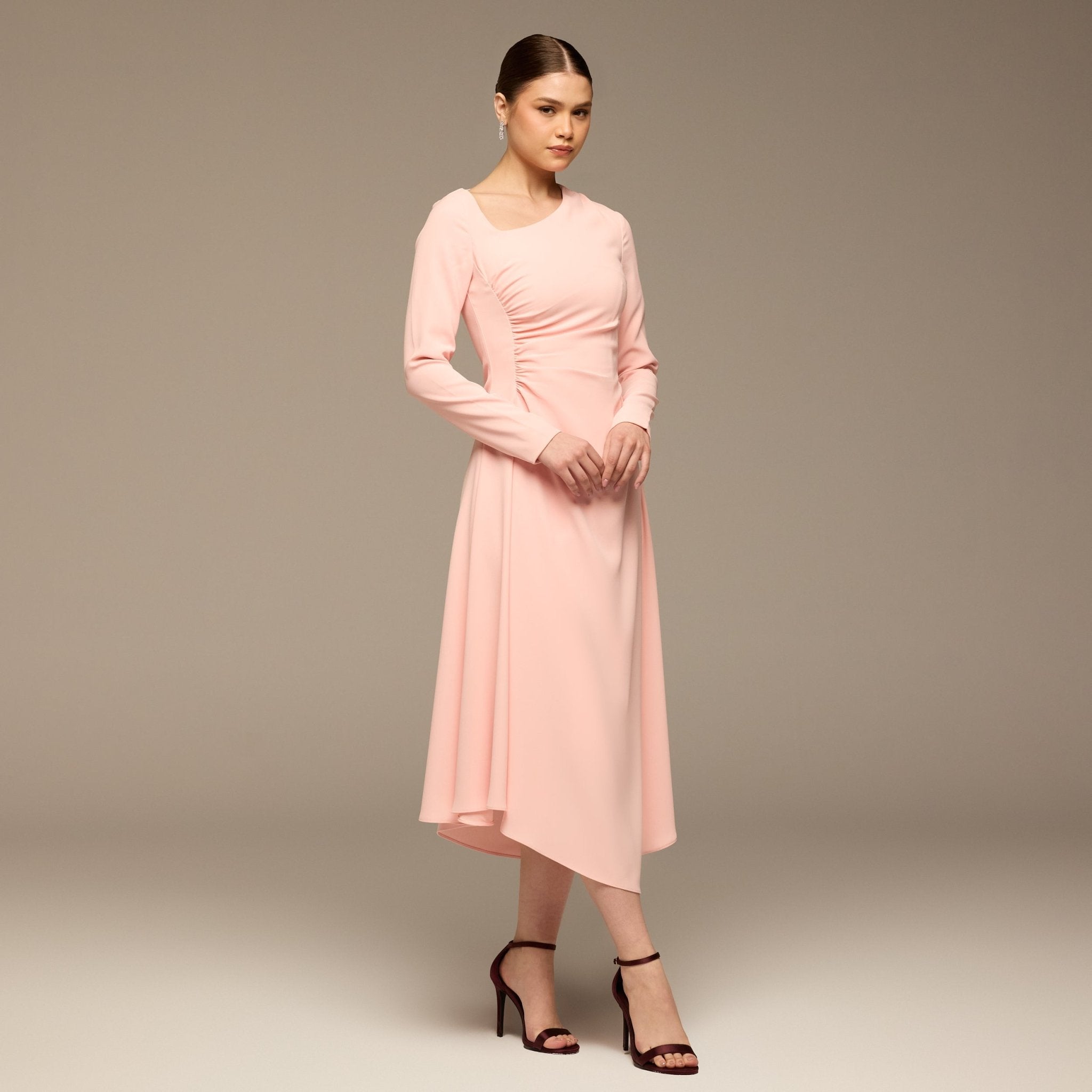 Pink Side Ruched Crepe Midi Dress - shopaleena