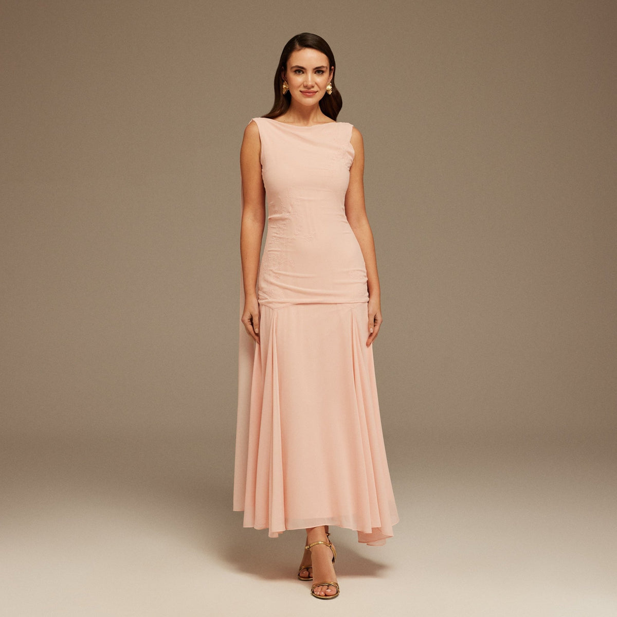 Square Neck Maxi Chiffon Dress with Front Slit Pearl Pink