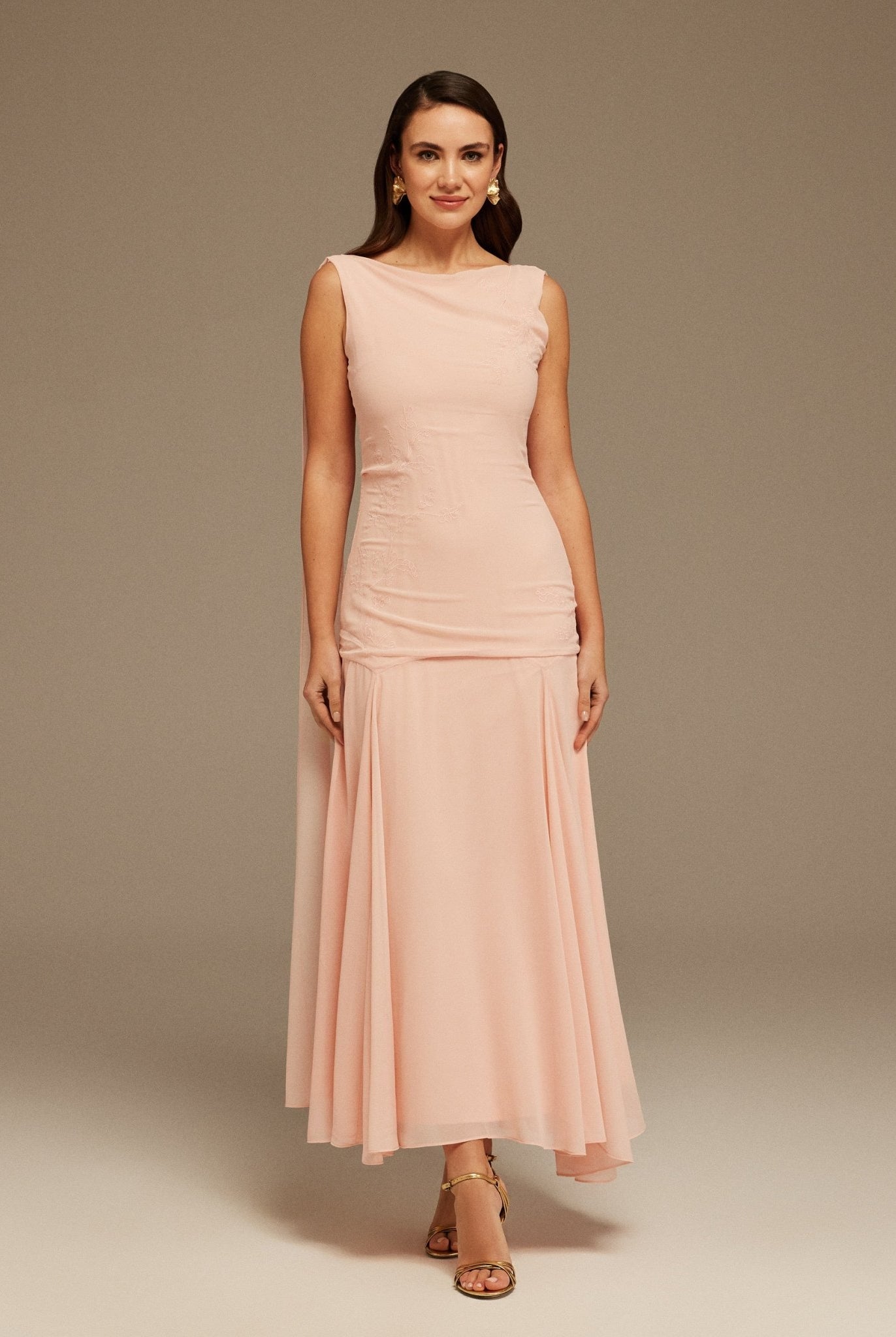 Pink Sleeveless Chiffon Maxi Dress with embroidery - shopaleena