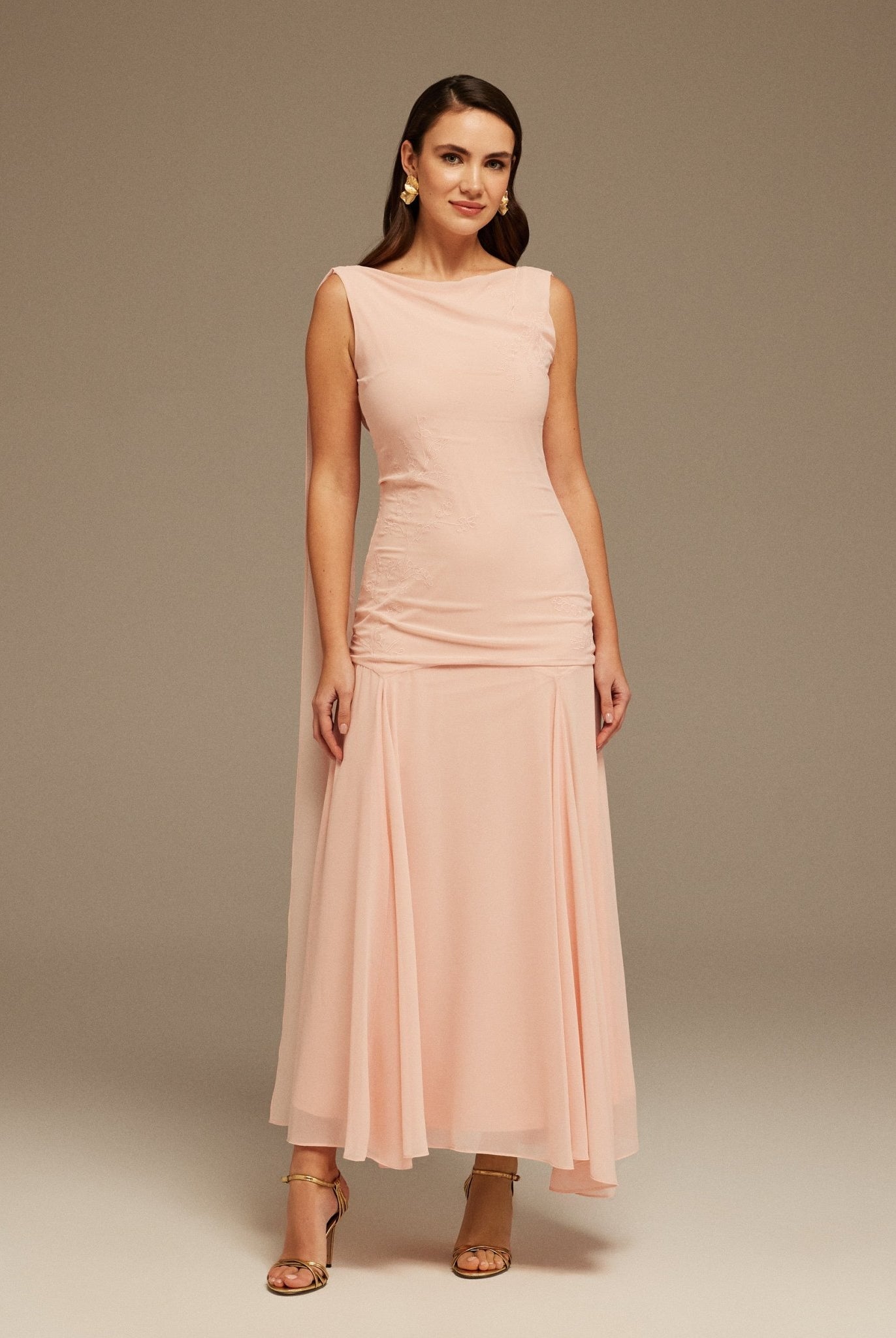 Pink Sleeveless Chiffon Maxi Dress with embroidery - shopaleena