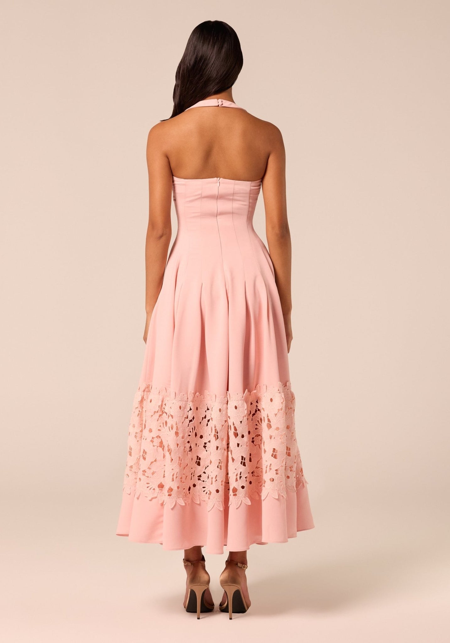 Pink Sleeveless Lace-Paneled Crepe Midi Dress - shopaleena
