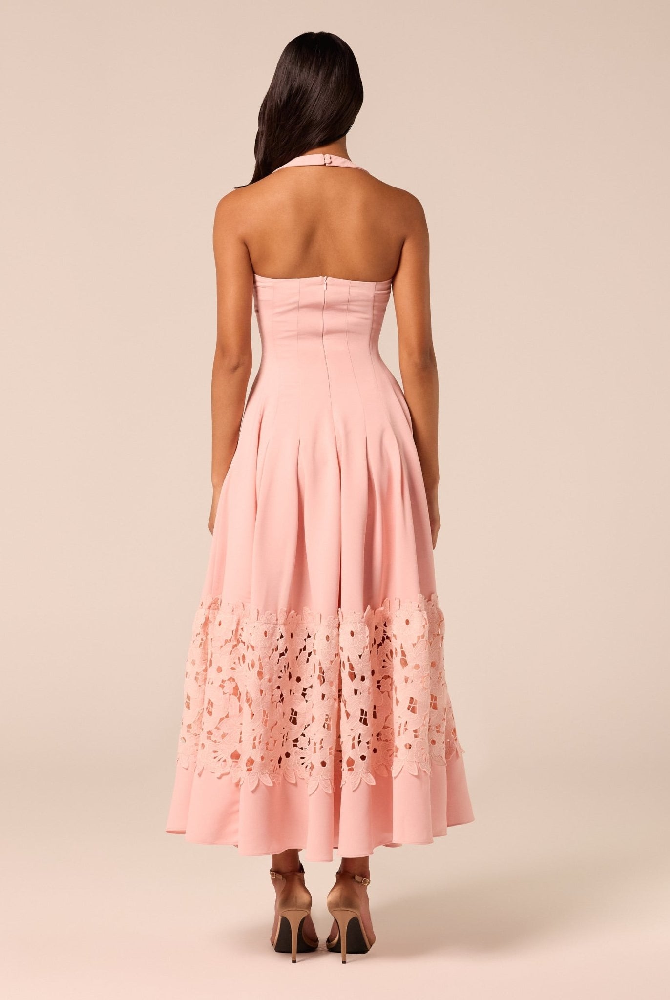 Pink Sleeveless Lace-Paneled Crepe Midi Dress - shopaleena