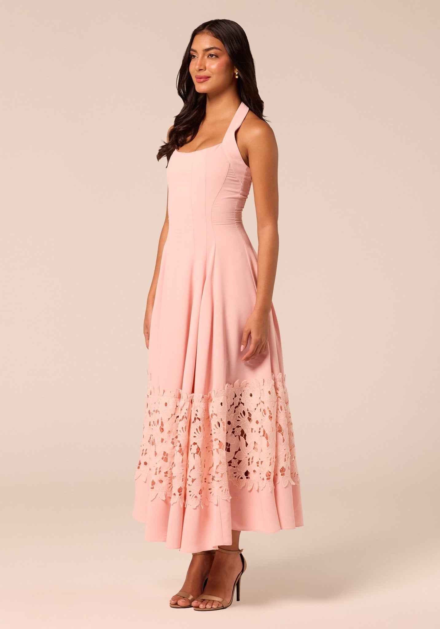 Pink Sleeveless Lace-Paneled Crepe Midi Dress - shopaleena