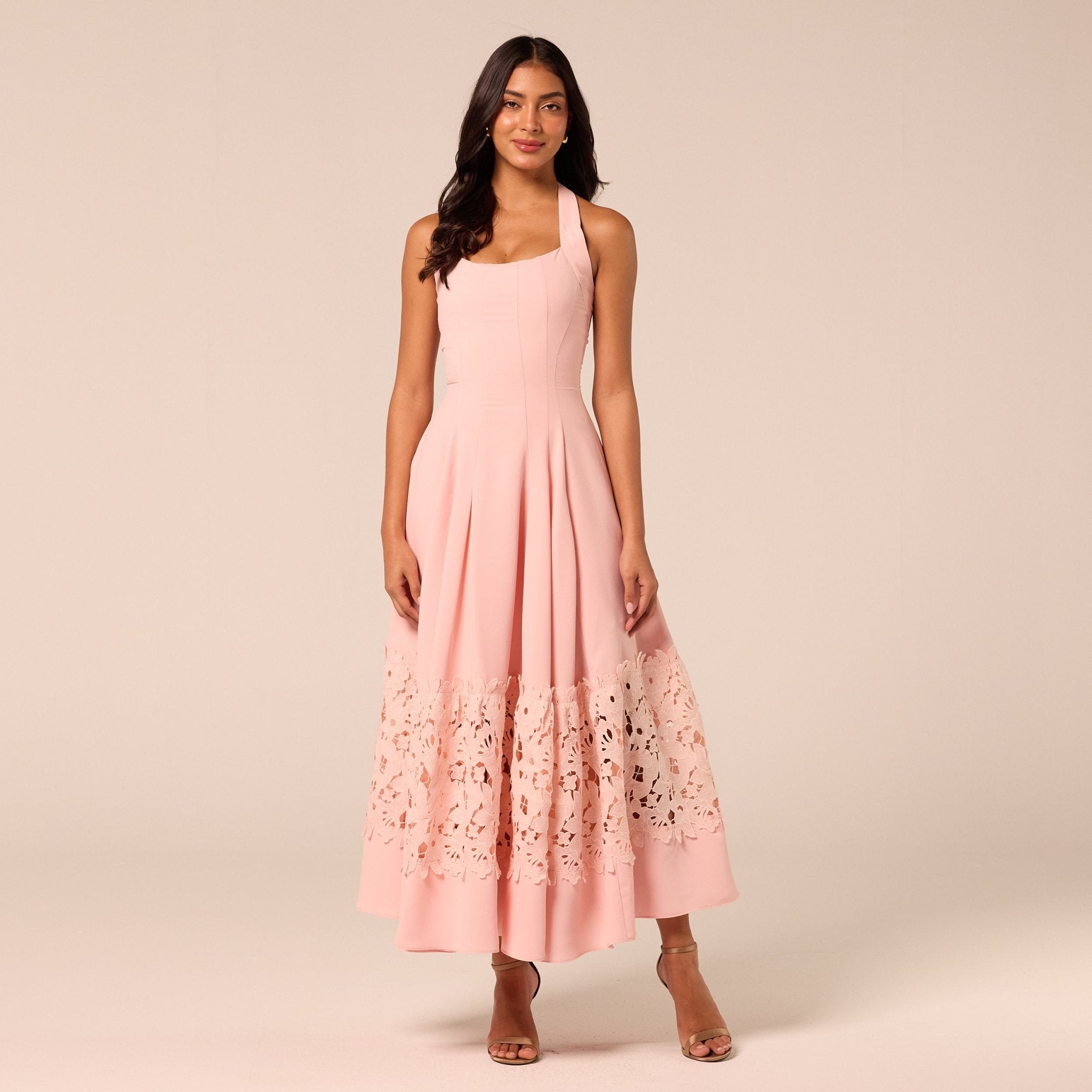 Pink Sleeveless Lace-Paneled Crepe Midi Dress - shopaleena