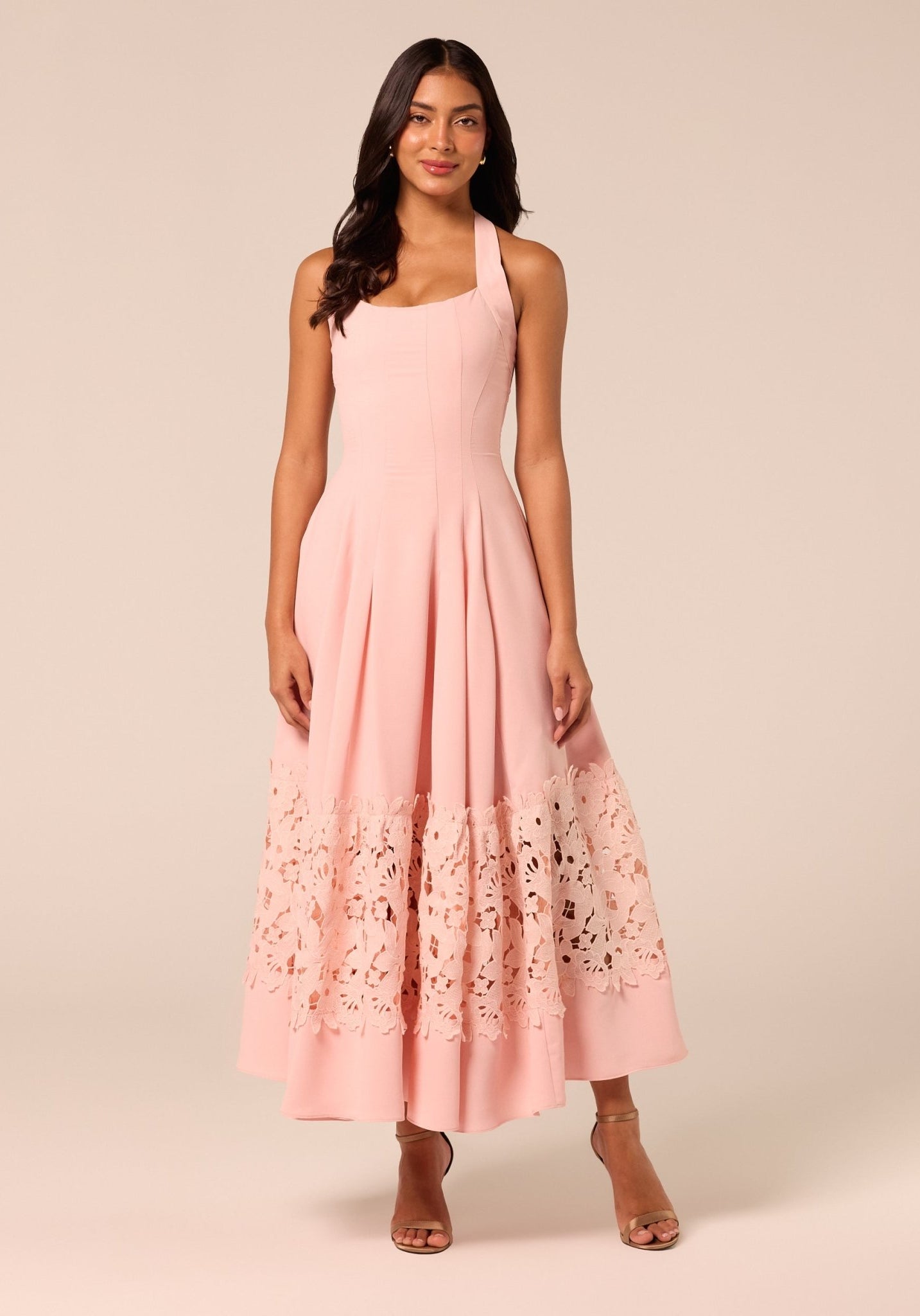 Pink Sleeveless Lace-Paneled Crepe Midi Dress - shopaleena