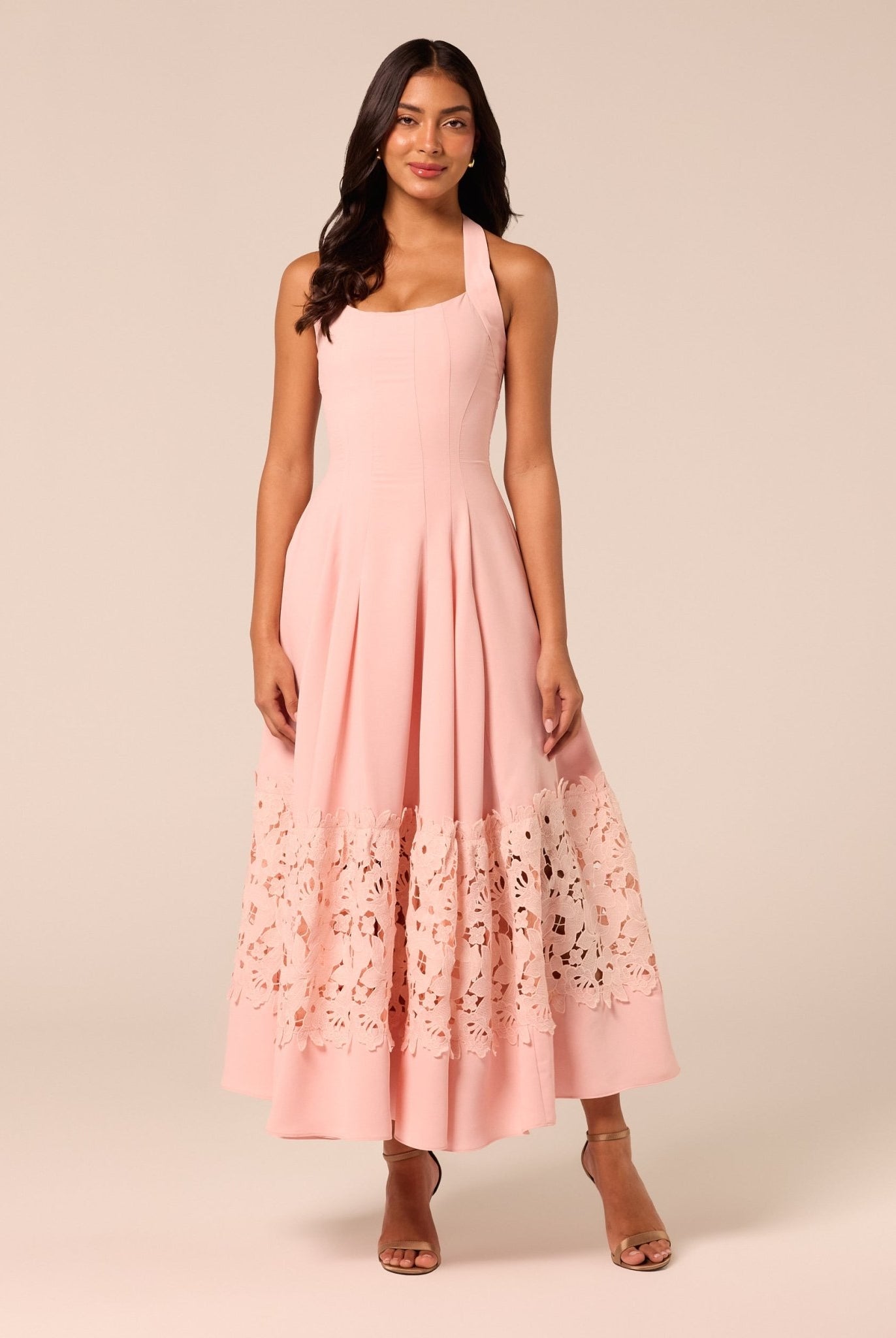 Pink Sleeveless Lace-Paneled Crepe Midi Dress - shopaleena