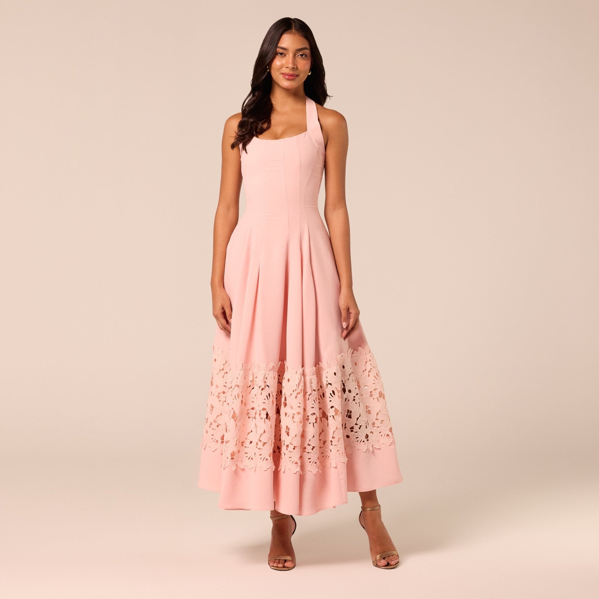 Pink Sleeveless Lace-Paneled Crepe Midi Dress - shopaleena