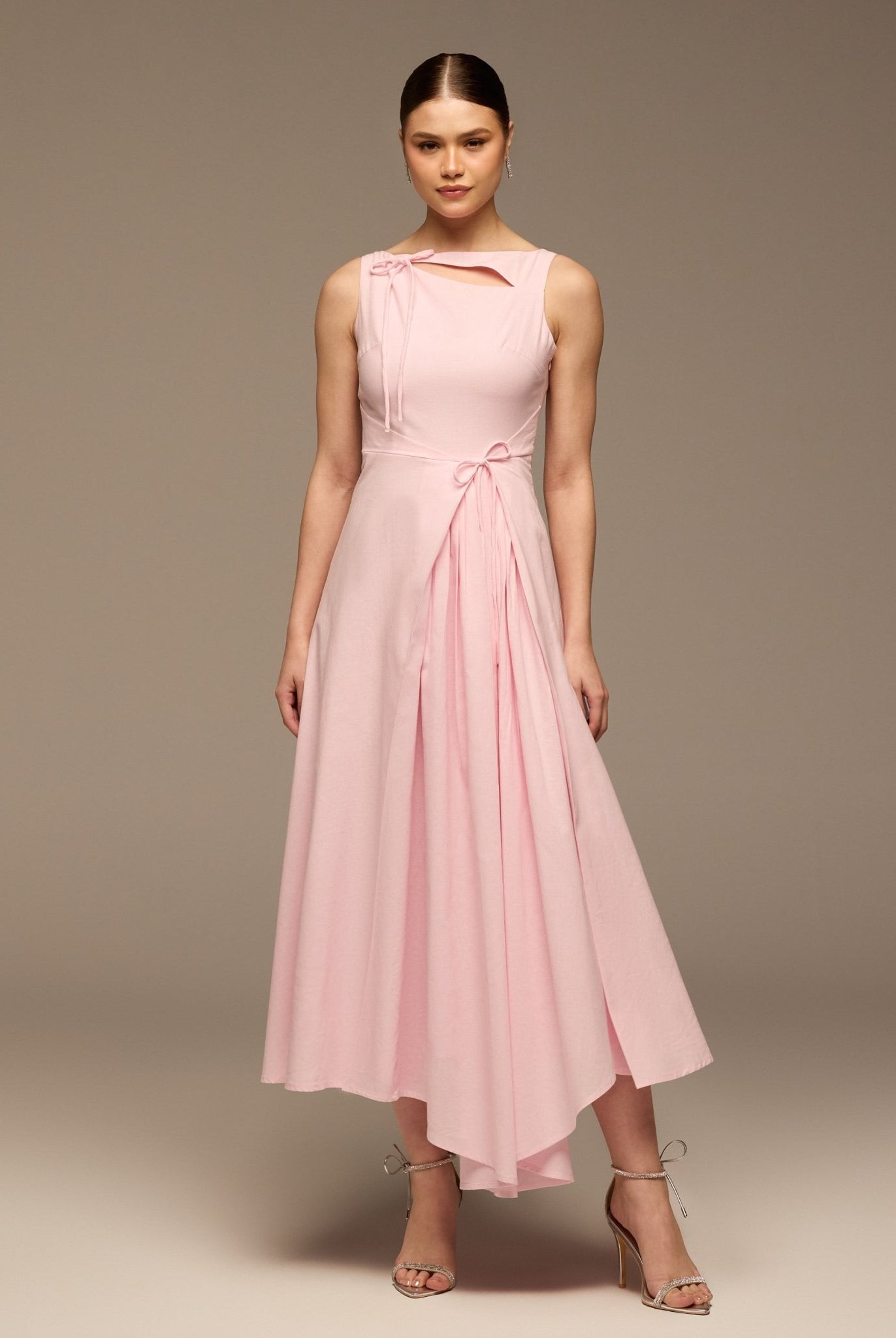 Pink Sleeveless Midi Dress Knot Details - shopaleena