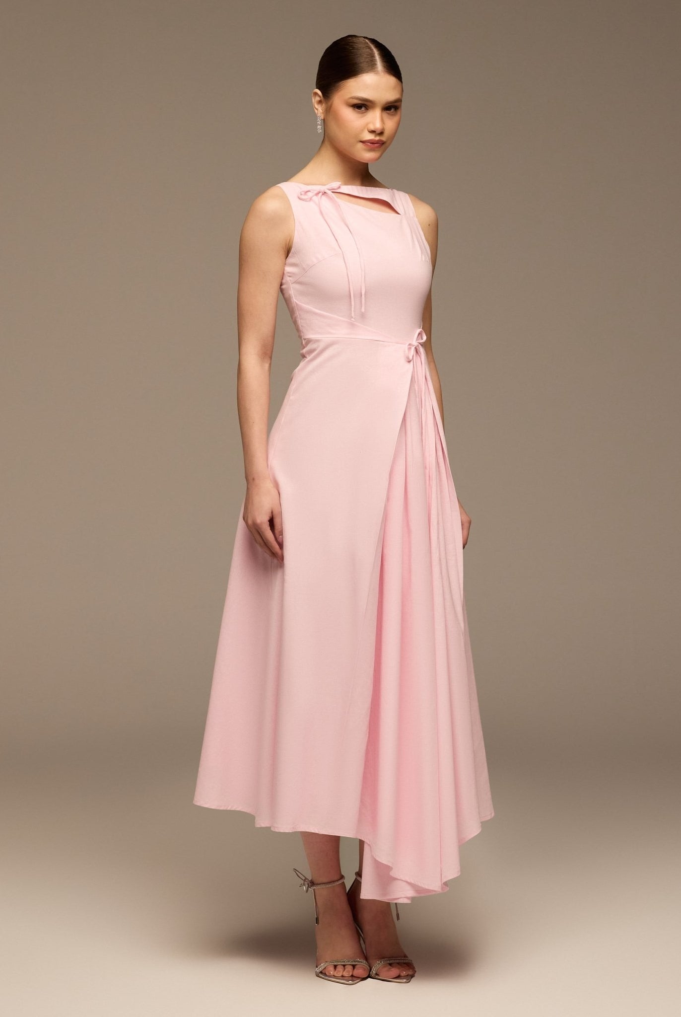 Pink Sleeveless Midi Dress Knot Details - shopaleena