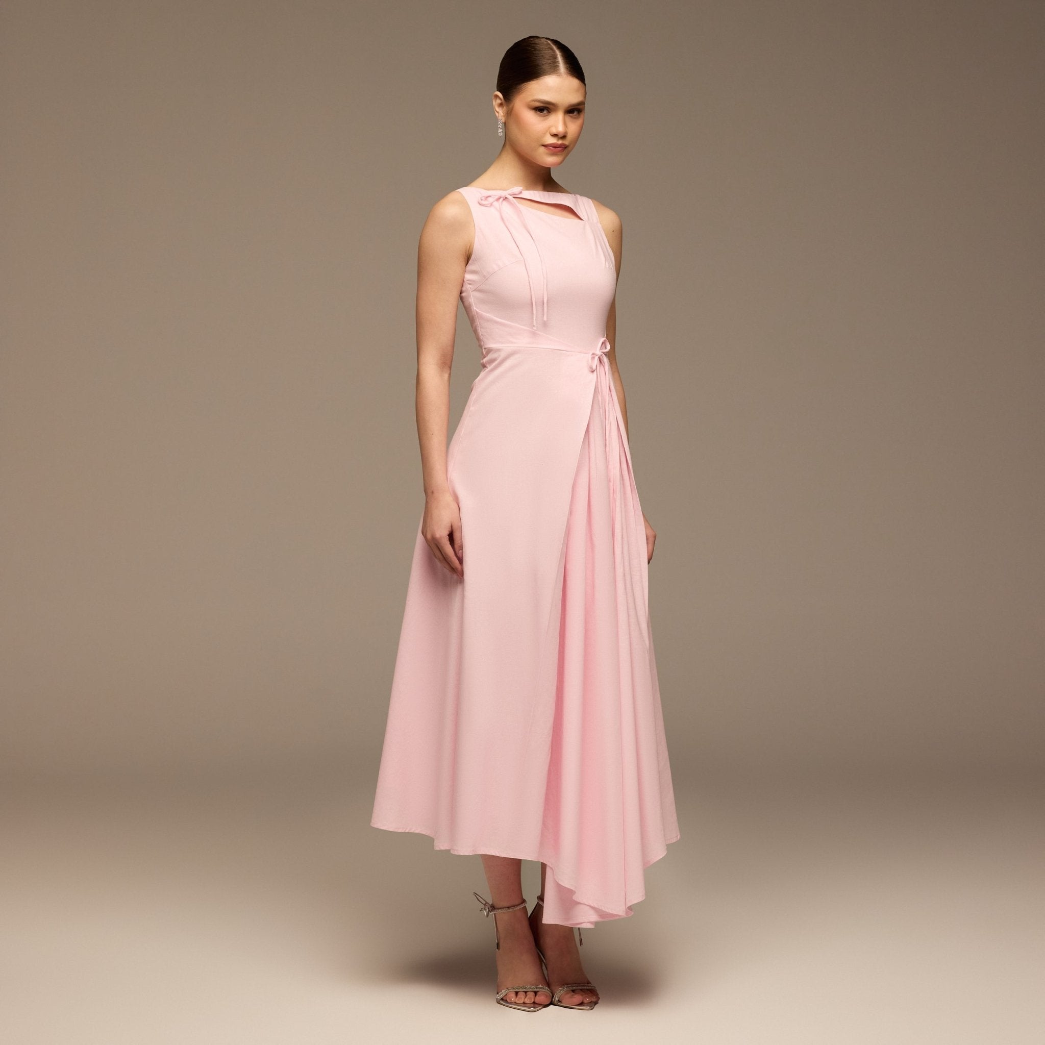 Pink Sleeveless Midi Dress Knot Details - shopaleena