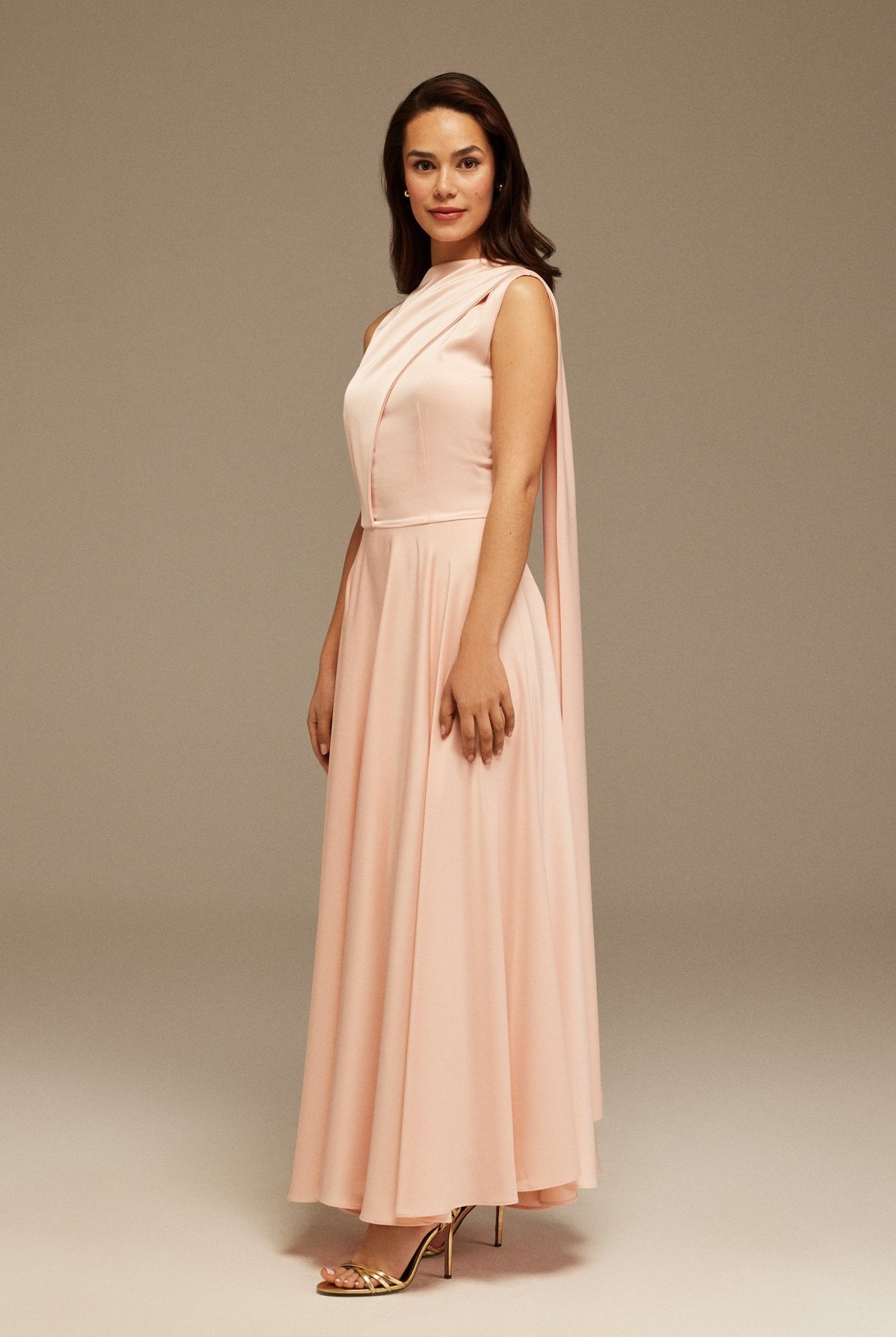 Pink Sleeveless Satin Maxi Dress With Scarf - shopaleena
