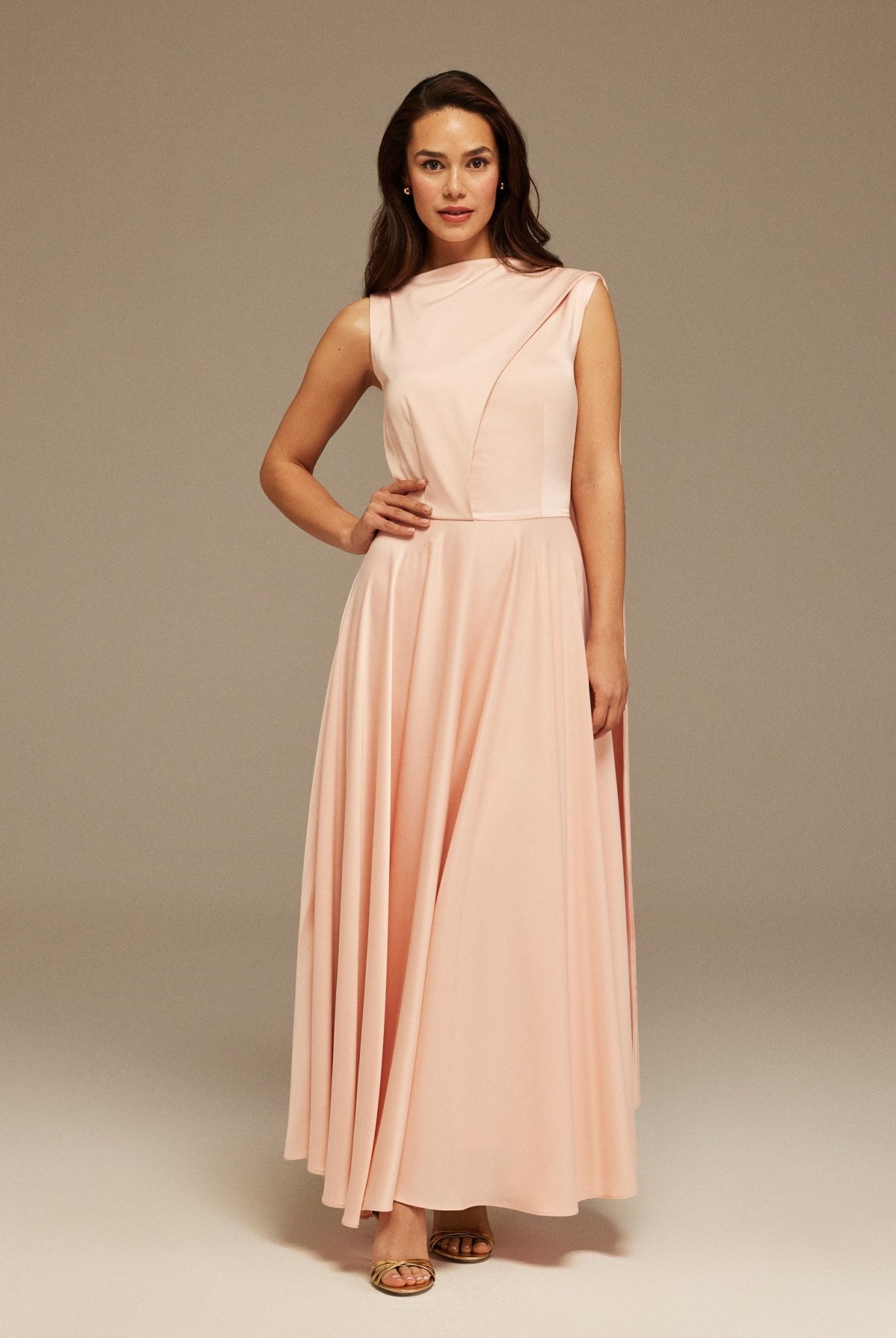 Pink Sleeveless Satin Maxi Dress With Scarf - shopaleena