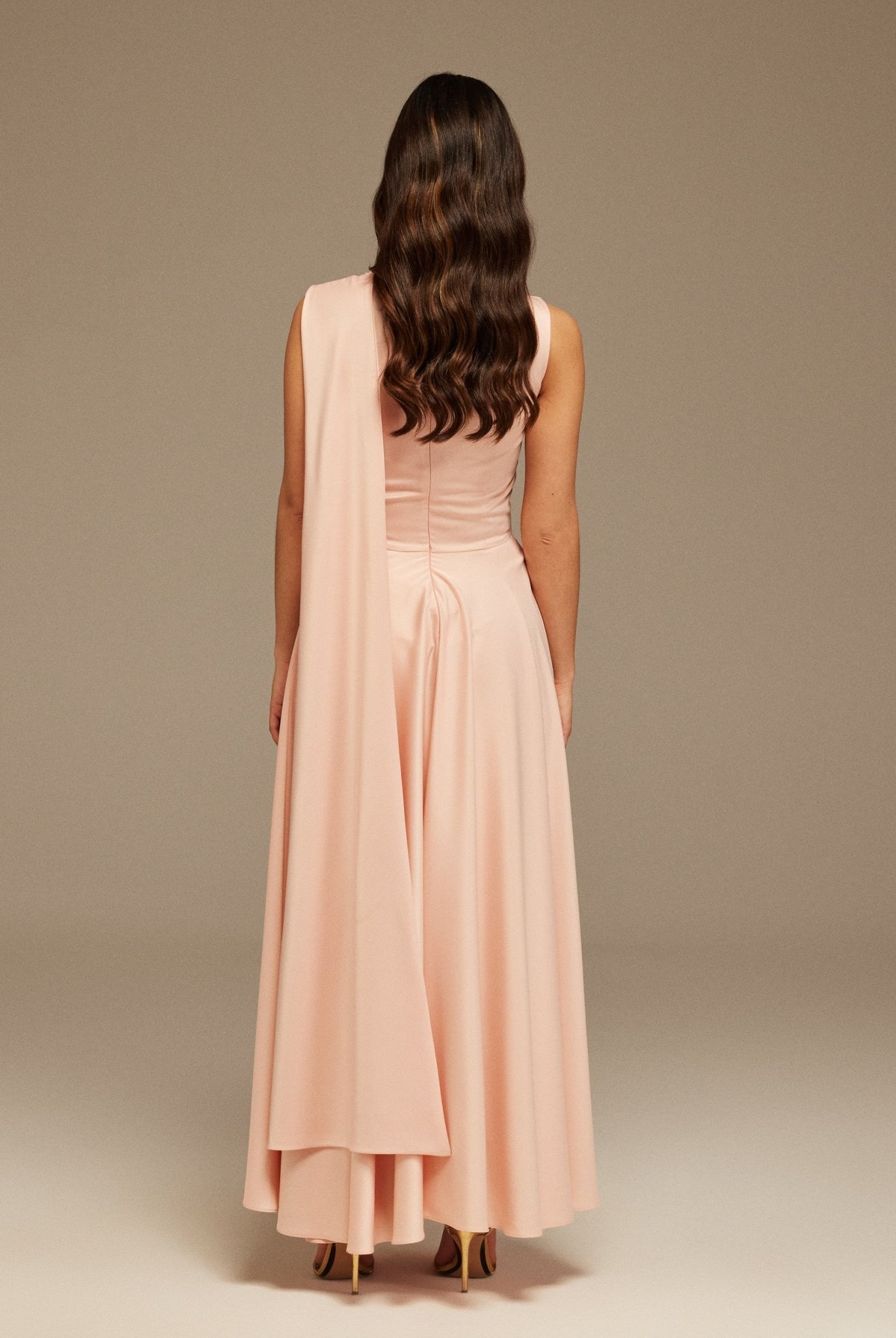 Pink Sleeveless Satin Maxi Dress With Scarf - shopaleena