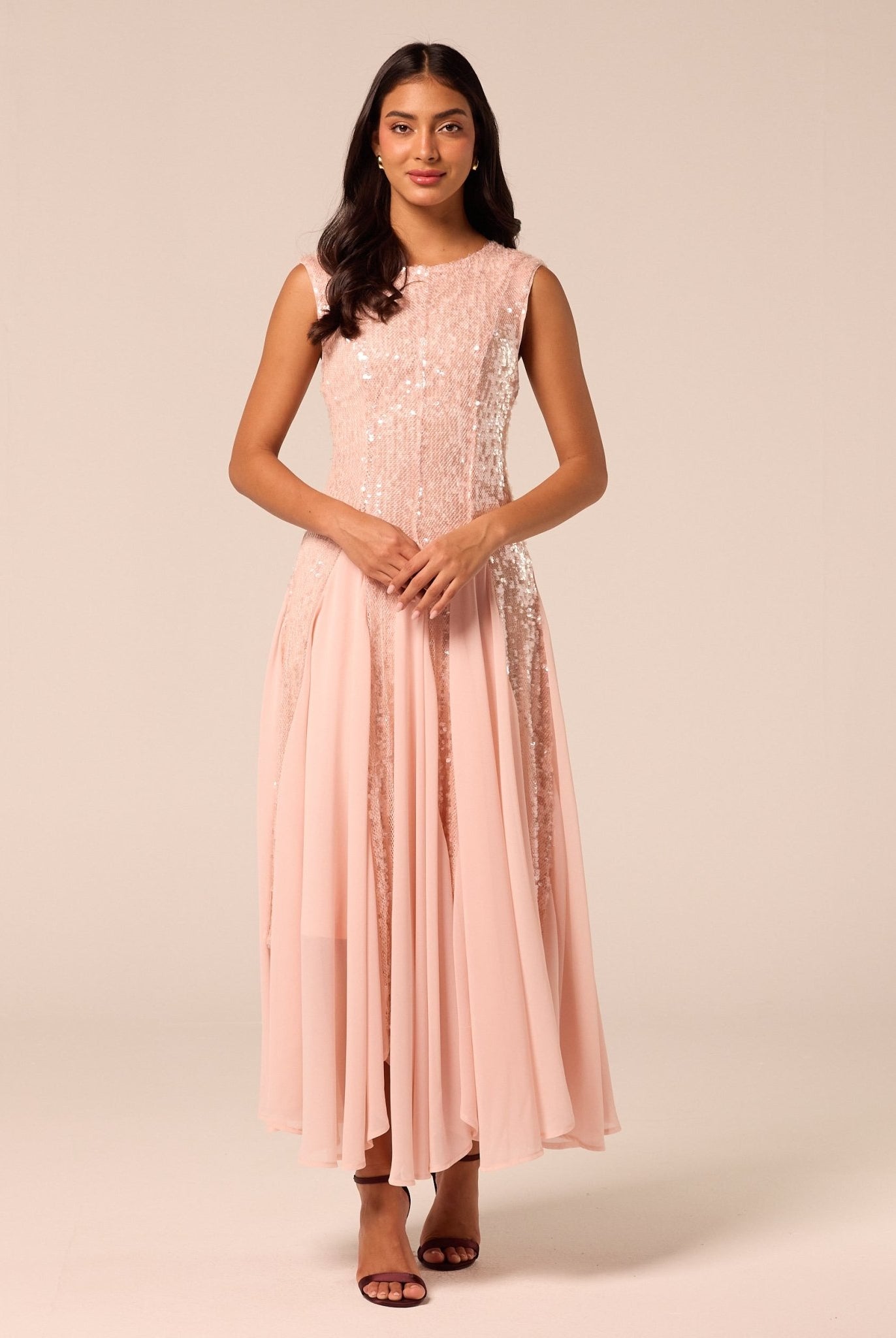 Pink Sleeveless Sequin Dress with Chiffon Godets - shopaleena