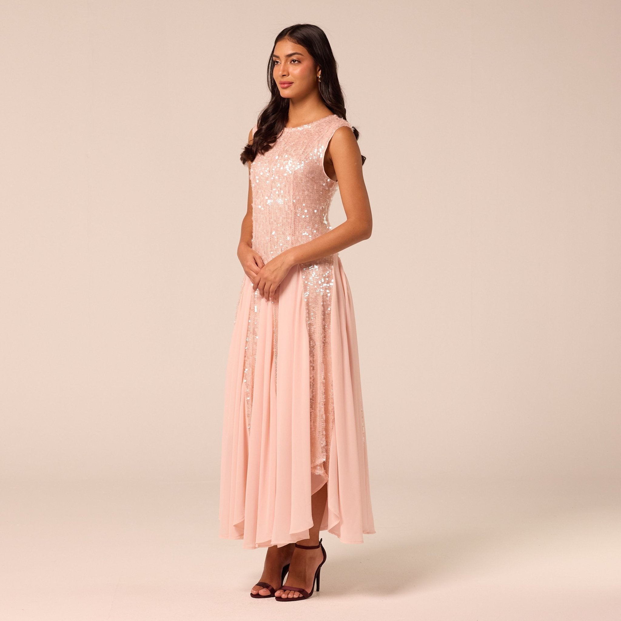 Pink Sleeveless Sequin Dress with Chiffon Godets - shopaleena