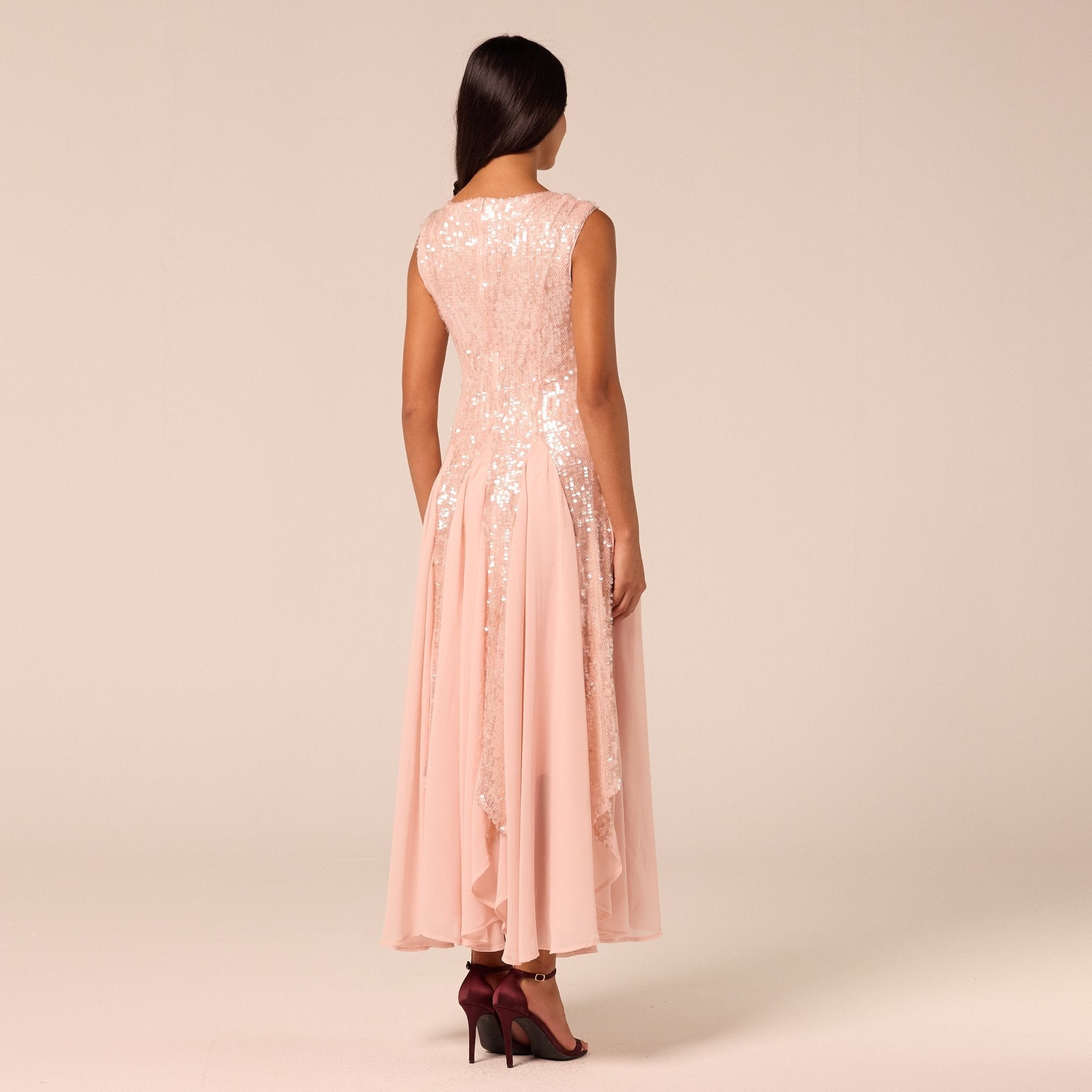 Pink Sleeveless Sequin Dress with Chiffon Godets - shopaleena