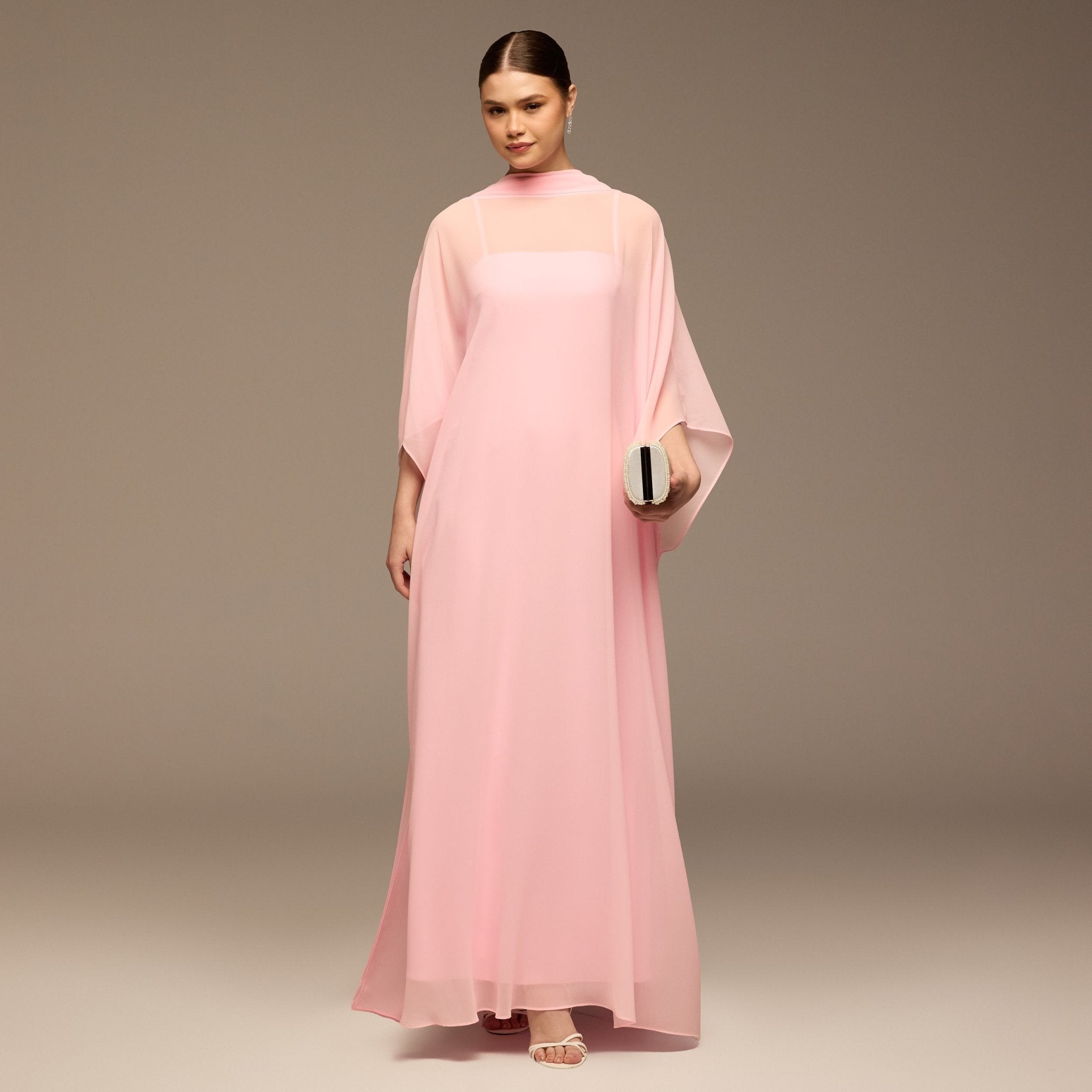 Pink Spaghetti Strap Dress with Sheer Chiffon Cape - shopaleena