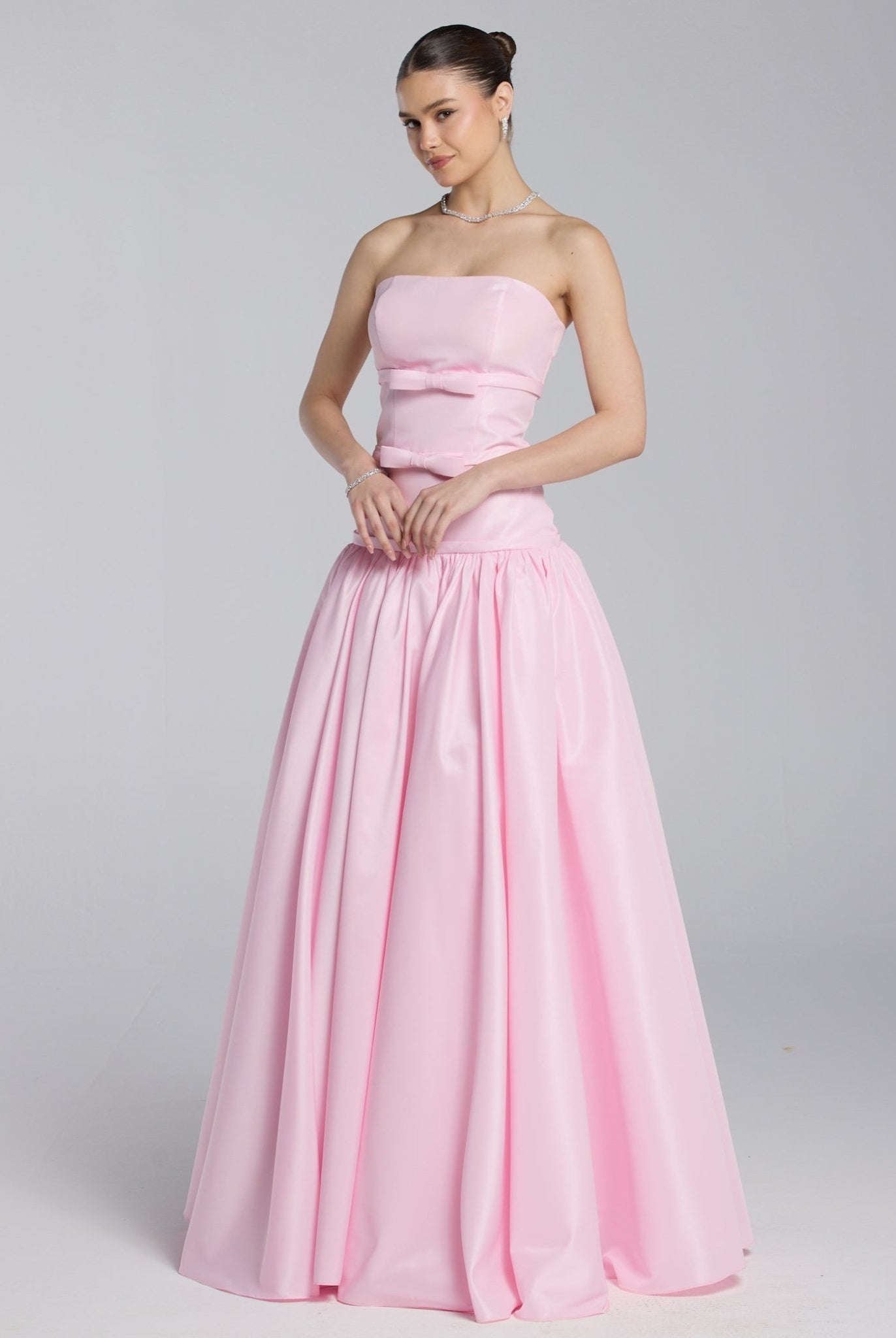 Pink Taffeta Strapless Bow - Detailed Gown - shopaleena