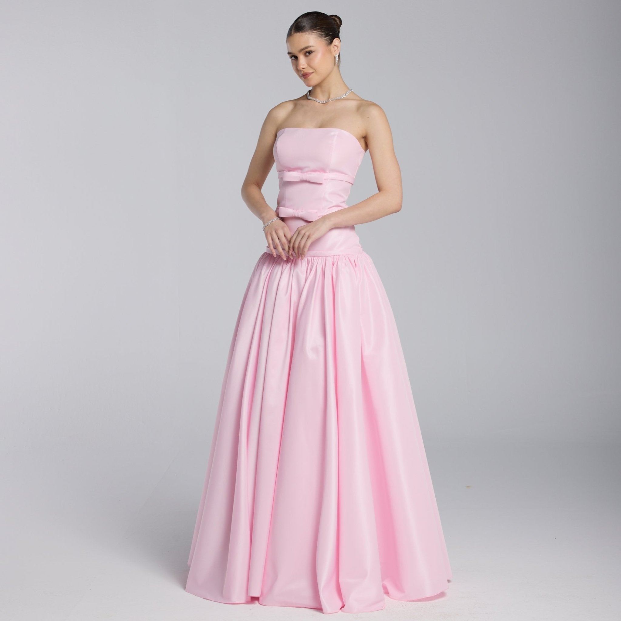 Pink Taffeta Strapless Bow - Detailed Gown - shopaleena