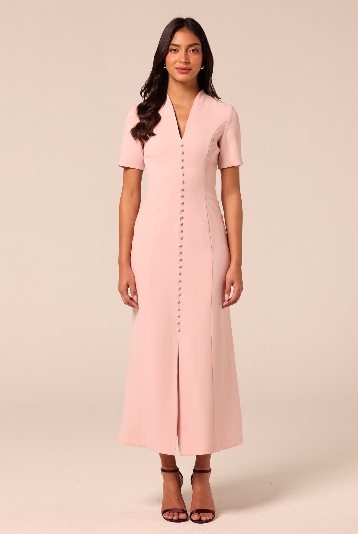 Pink V-Neck Buttoned Crepe Dress - shopaleena