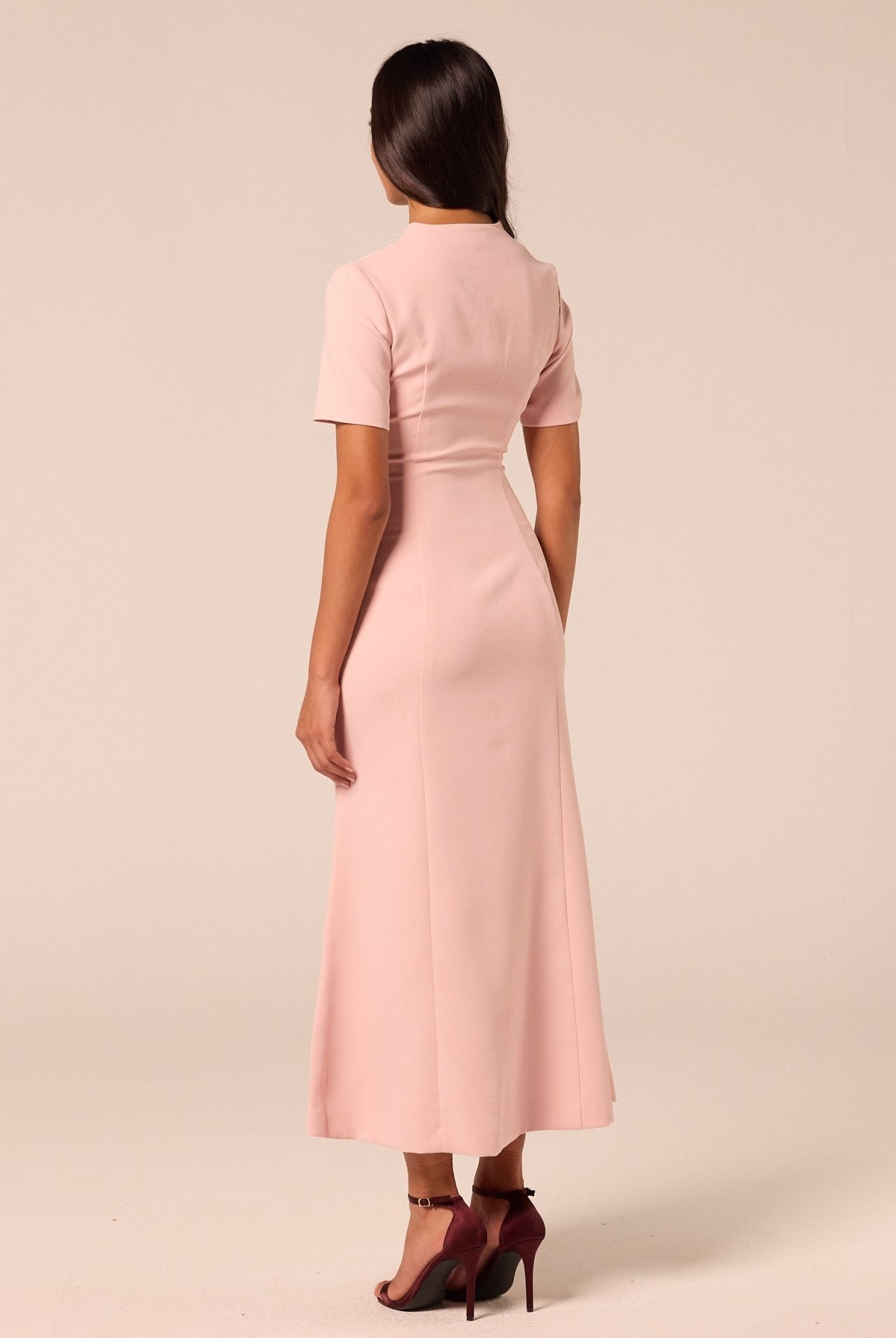 Pink V-Neck Buttoned Crepe Dress - shopaleena