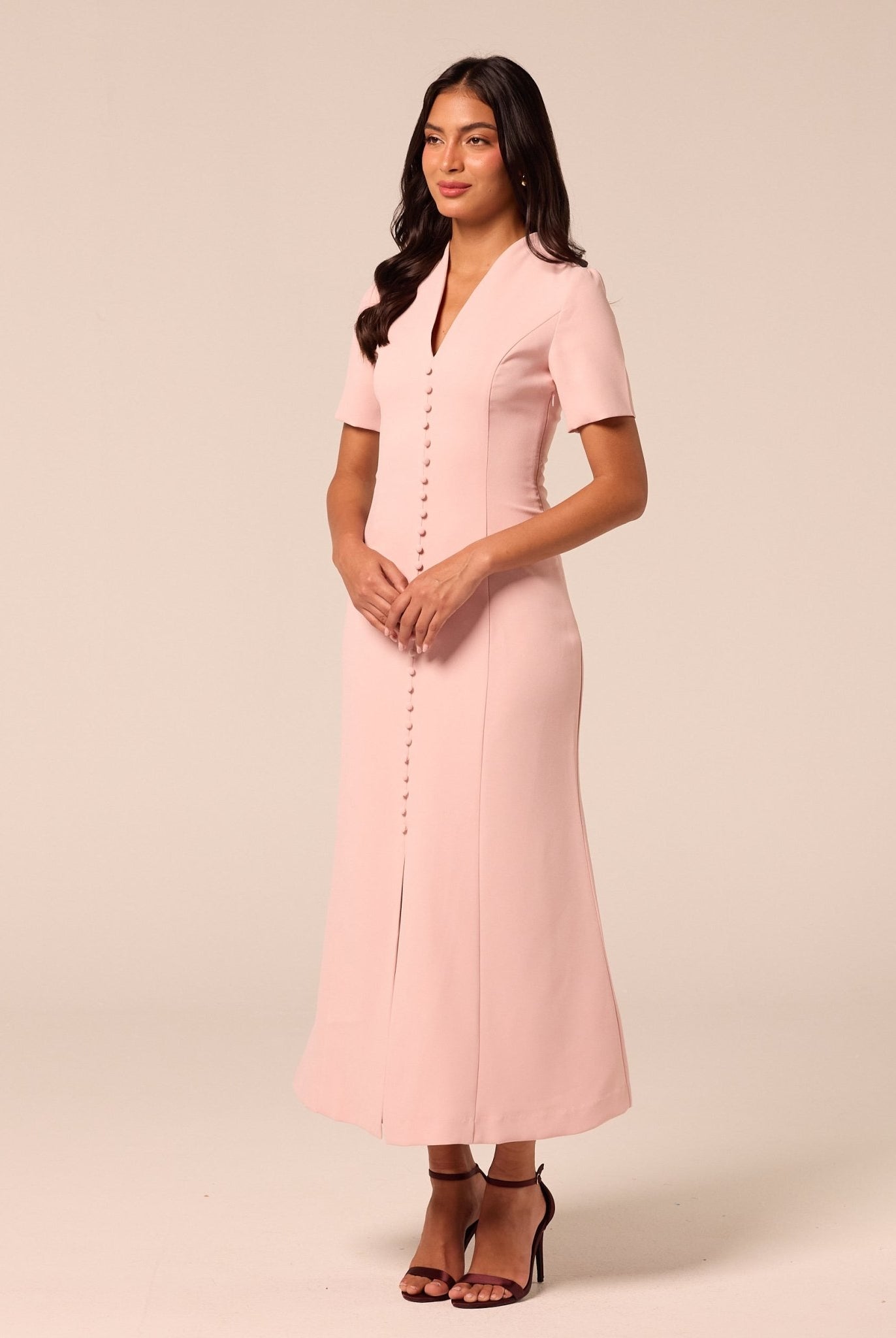 Pink V-Neck Buttoned Crepe Dress - shopaleena