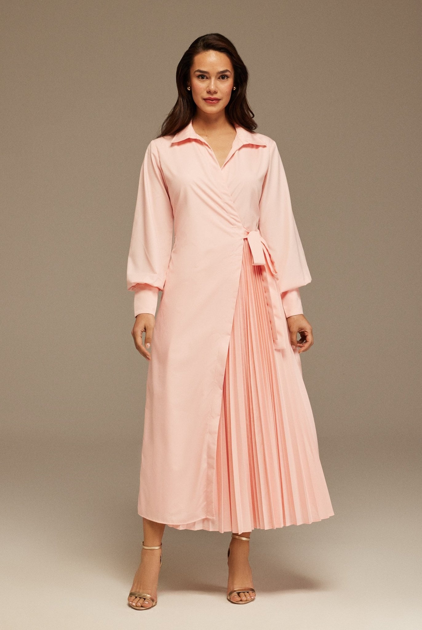 Pink Warped Dress Poplin With Pleats - shopaleena