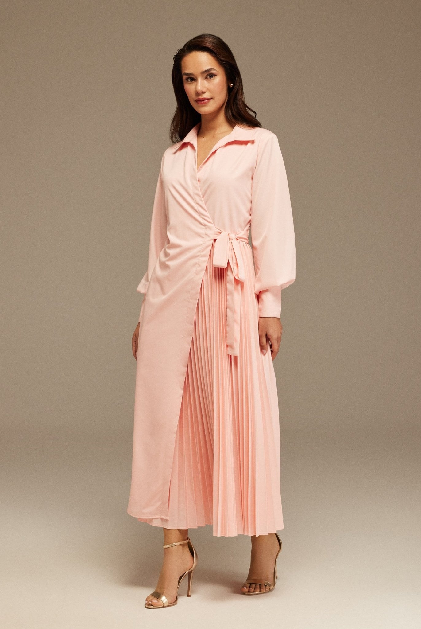 Pink Warped Dress Poplin With Pleats - shopaleena