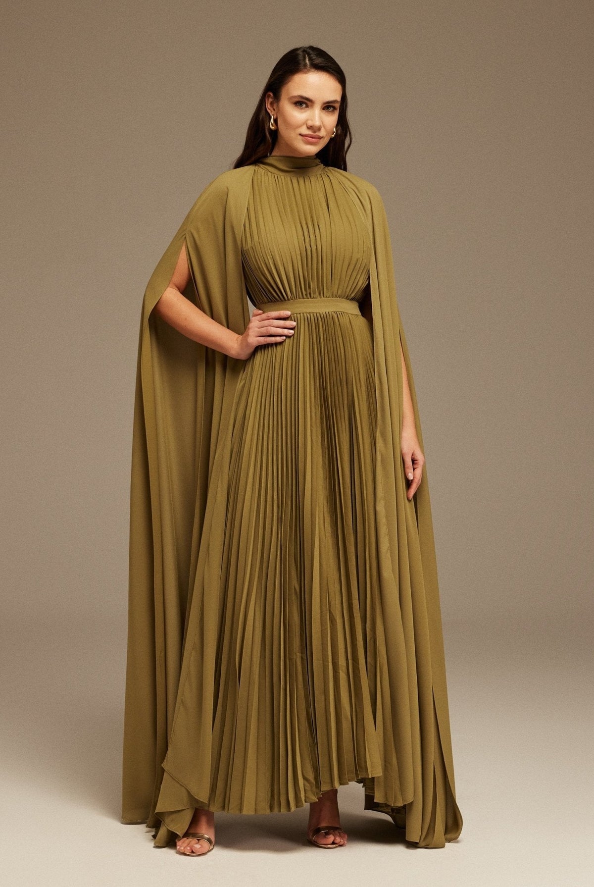 Pleated A-line Dress with Cape Sleeves and High Neck Scarf - shopaleena