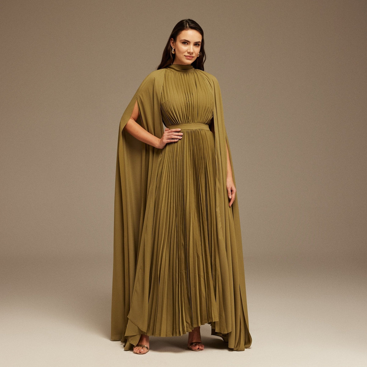 Pleated A-line Dress with Cape Sleeves and High Neck Scarf - shopaleena