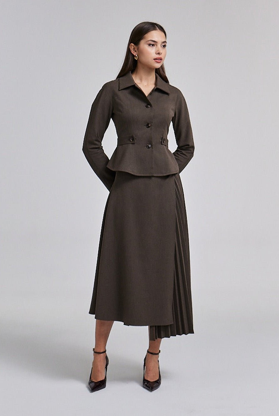 Pleated Asymmetric Wool Midi Skirt - shopaleena