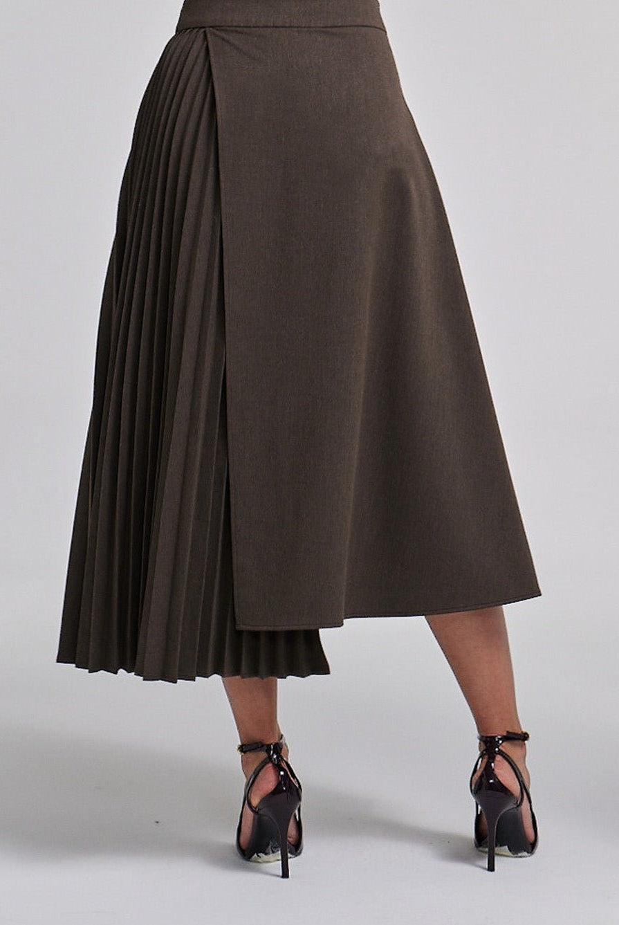 Pleated Asymmetric Wool Midi Skirt - shopaleena