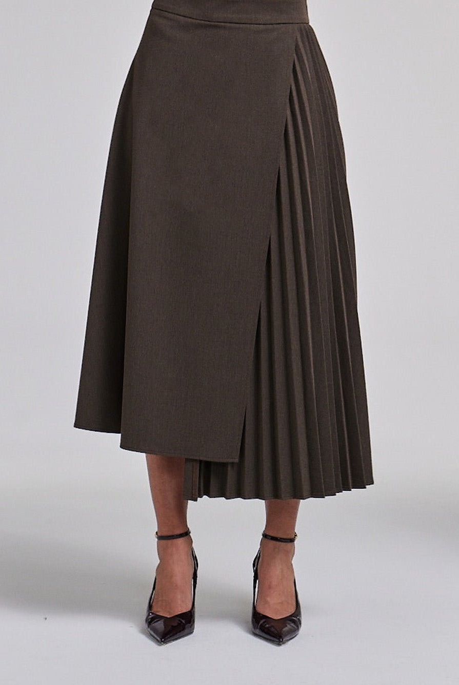 Pleated Asymmetric Wool Midi Skirt - shopaleena