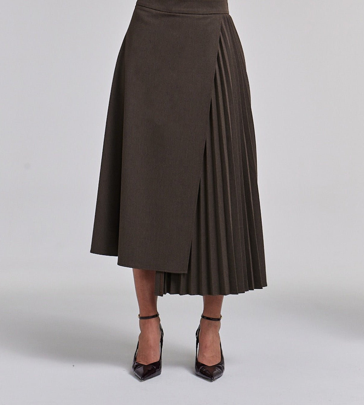 Pleated Asymmetric Wool Midi Skirt - shopaleena