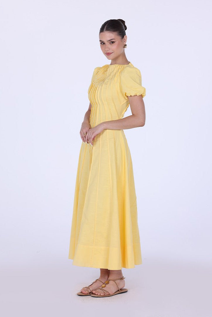 Pleated Linen Maxi Dress with Puff Short Sleeves - shopaleena