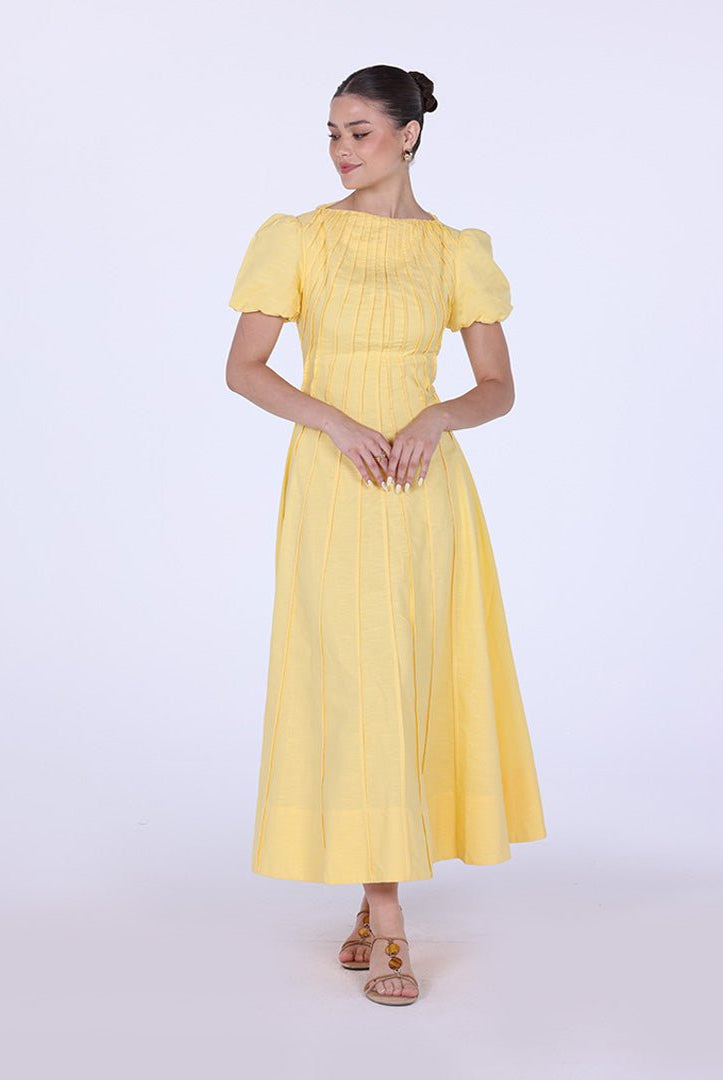 Pleated Linen Maxi Dress with Puff Short Sleeves - shopaleena