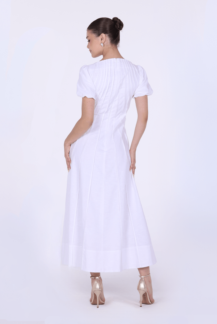 Pleated Linen Maxi Dress with Puff Short Sleeves - shopaleena