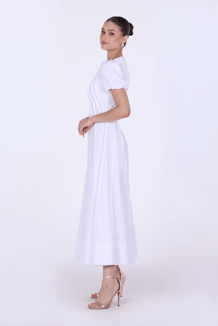 Pleated Linen Maxi Dress with Puff Short Sleeves - shopaleena